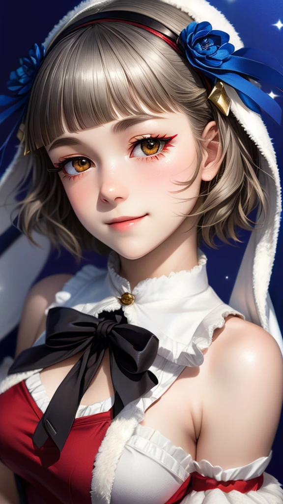 (((solo))), 1 woman, Sakuya Kurobane, sakuyaunif, kurobane_sakuya, (brown eyes), short hair, grey hair, black hairband, blue hair flower, red eyeliner, chest, blush, smile, (upper body), santa claus