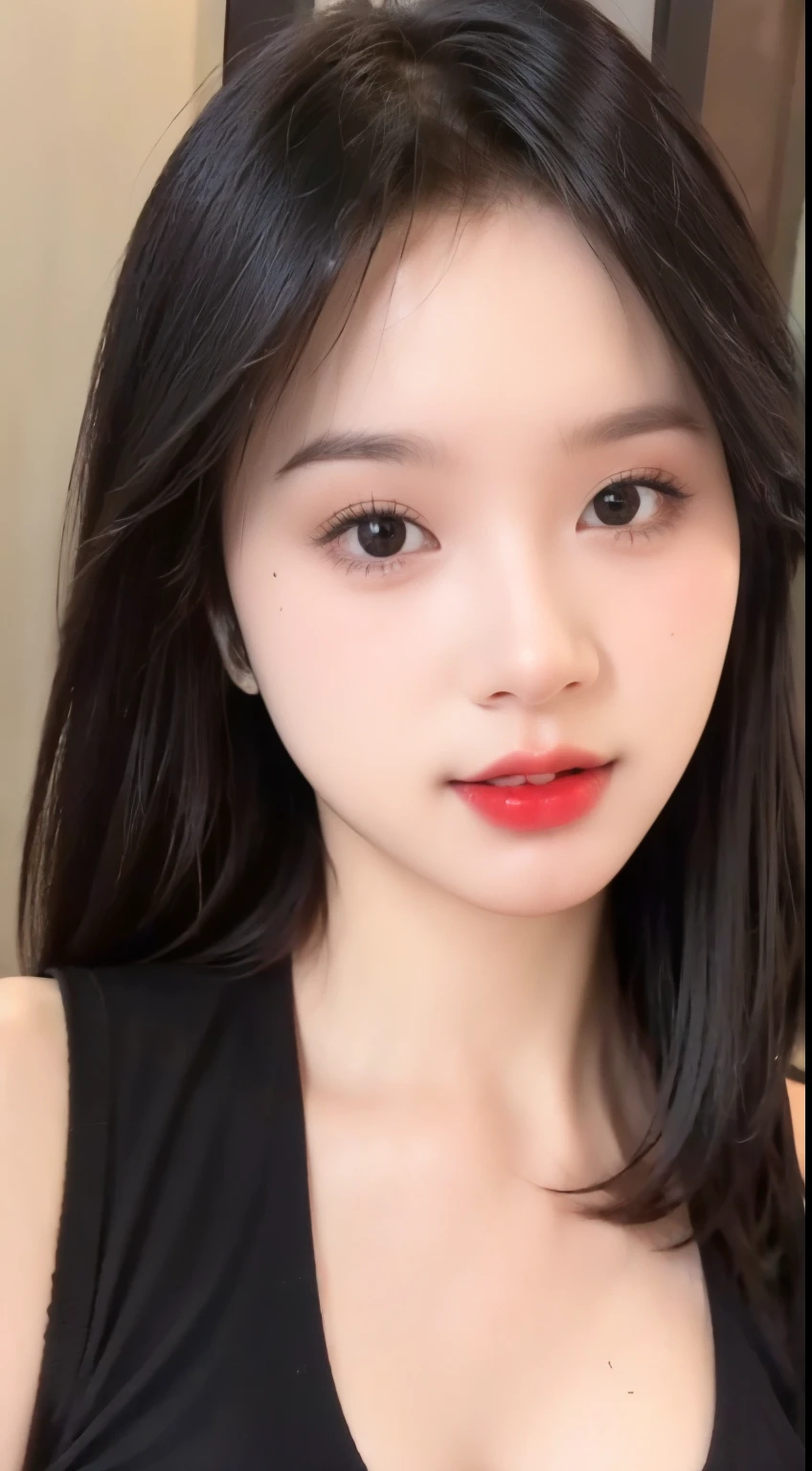 ((Masterpiece, RAW photo, ultra detailed, high quality, 4k)), 1 Asian girl, medium black hair, have two bangs, red lips, perfect eyes, perfect face, white t-shirt oversize, selfie poses, in the city garden, perfect smile, very beautiful, black watches, perfect selfie, full body view