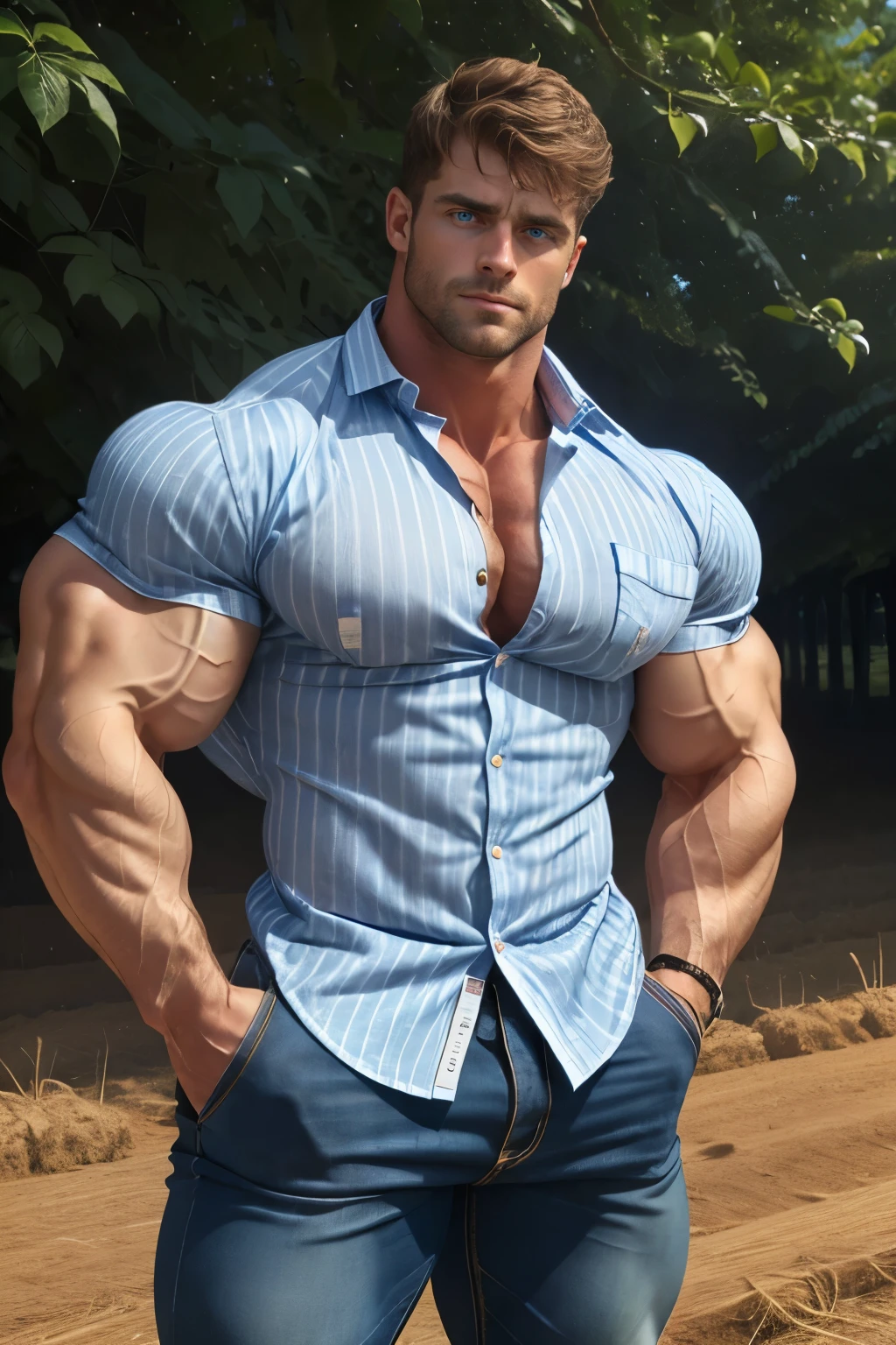 1men, very handsome and bodybuilder man , (Perfect big blue eyes:1.2), (very short messy hair:1.1), (wearing a white striped button-down tight shirt:1.1), (Put your hands in your pockets:1.1), (very large biceps), (Very large pectoral muscles:1.1) ,  standing sideways on a farm ,   close-up portrait head ,  Closeup View ,