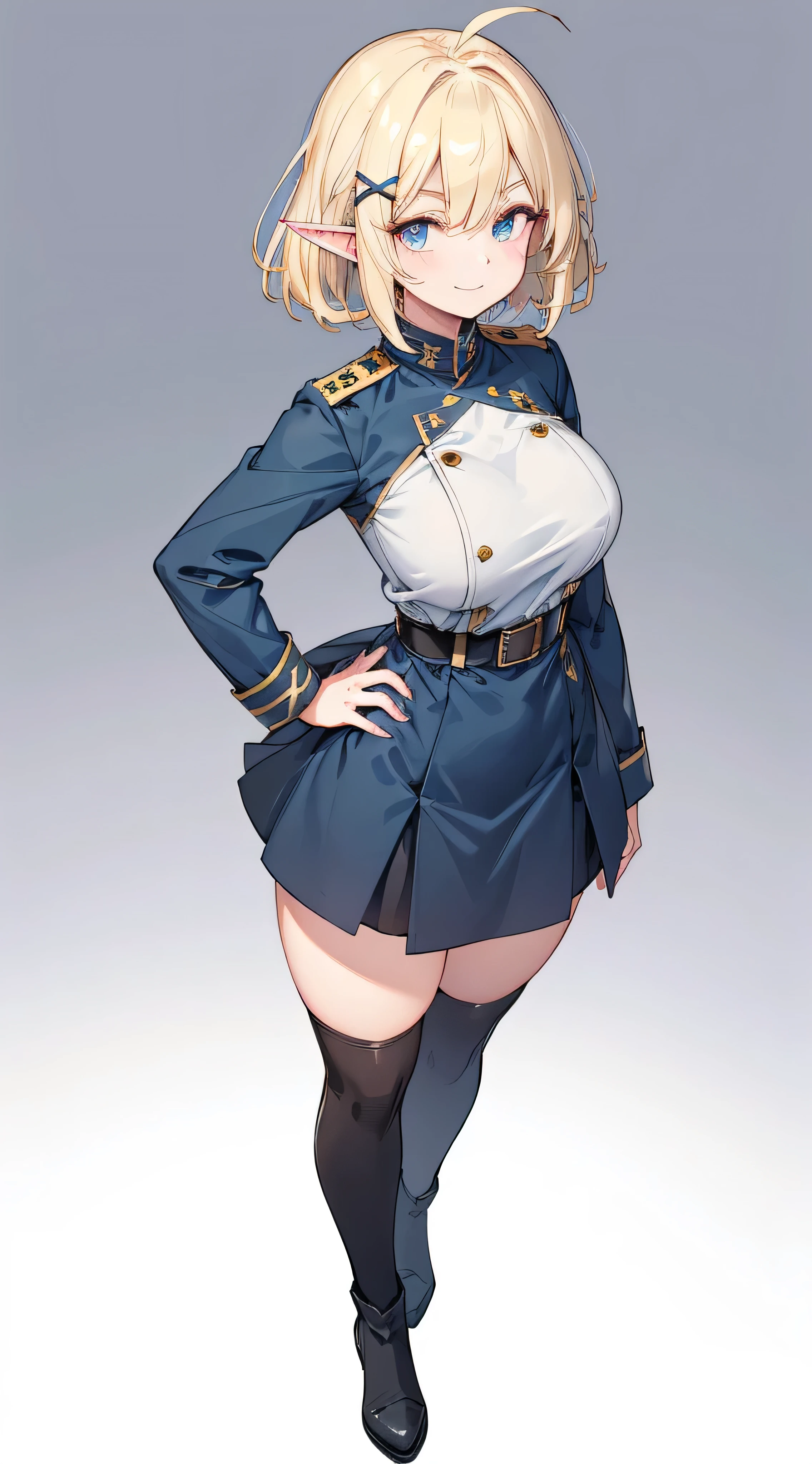 masterpiece,  top quality,((Full body image of a tall elf woman ,Standing straight with chest stretched, full body image )),Crisp, saggy eyes,Perfect dark blue eyes , (( blonde short hair)),Ahoge,((Big Breasts)),(((Dark dark blue long sleeve military uniform with thick hairpins on the bangs in an X shape ))), black knee-high boots ,(thick black thigh high socks),((black long sleeve military uniform with skirt)),((((no background)))),Arched eyebrows, white skin, looking here,Cheerful smile,  I don't have anything in my hands ,One hand on hip, composition from an oblique side,Gun belt on waist