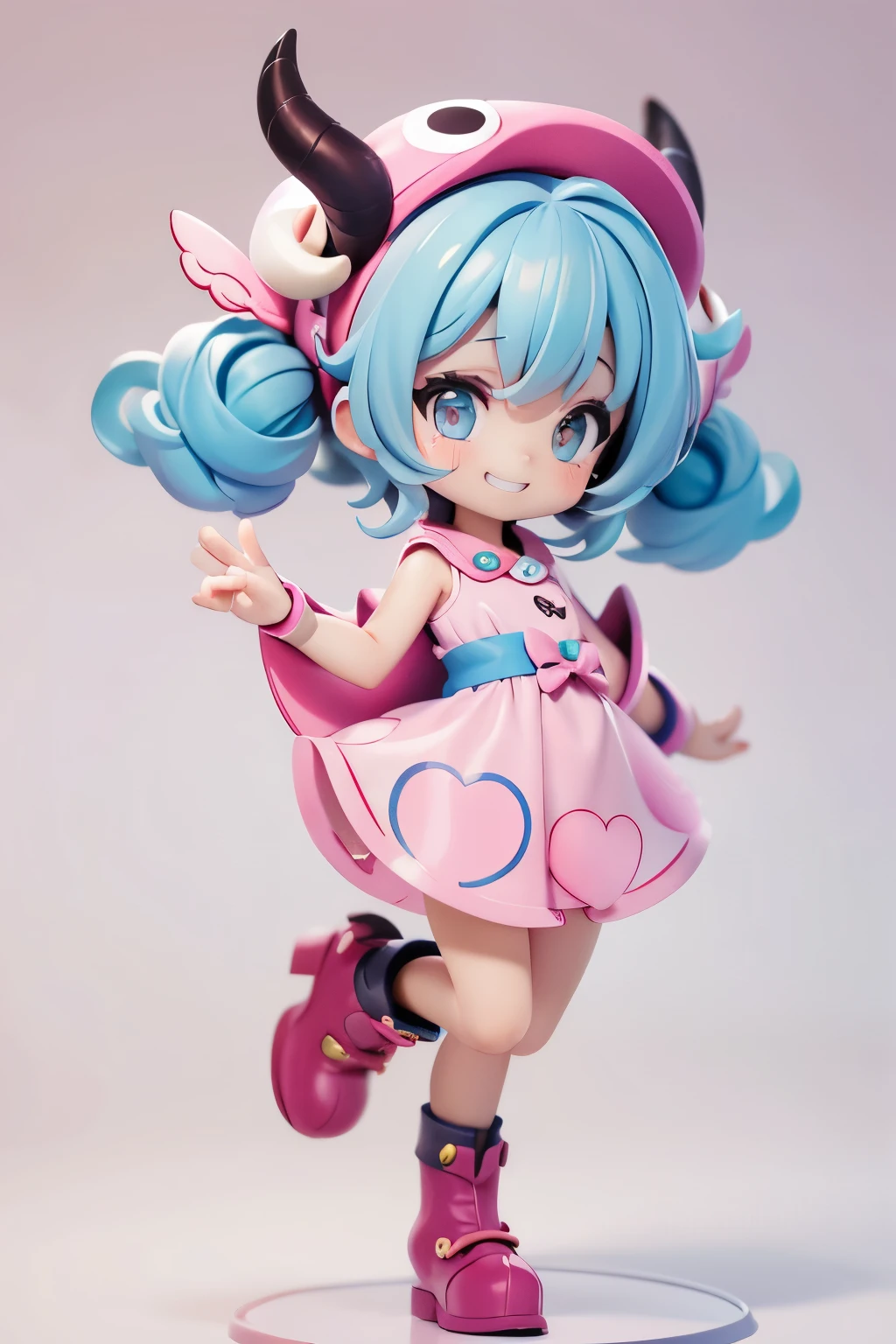  1 girl ,  bangs,  twin tails, Blue Hair/ light blue hair, Ram horns on head、 long eyelashes, Silver Eyes、 Musical Note Hair Accessory , Grin,  Pink Dress 