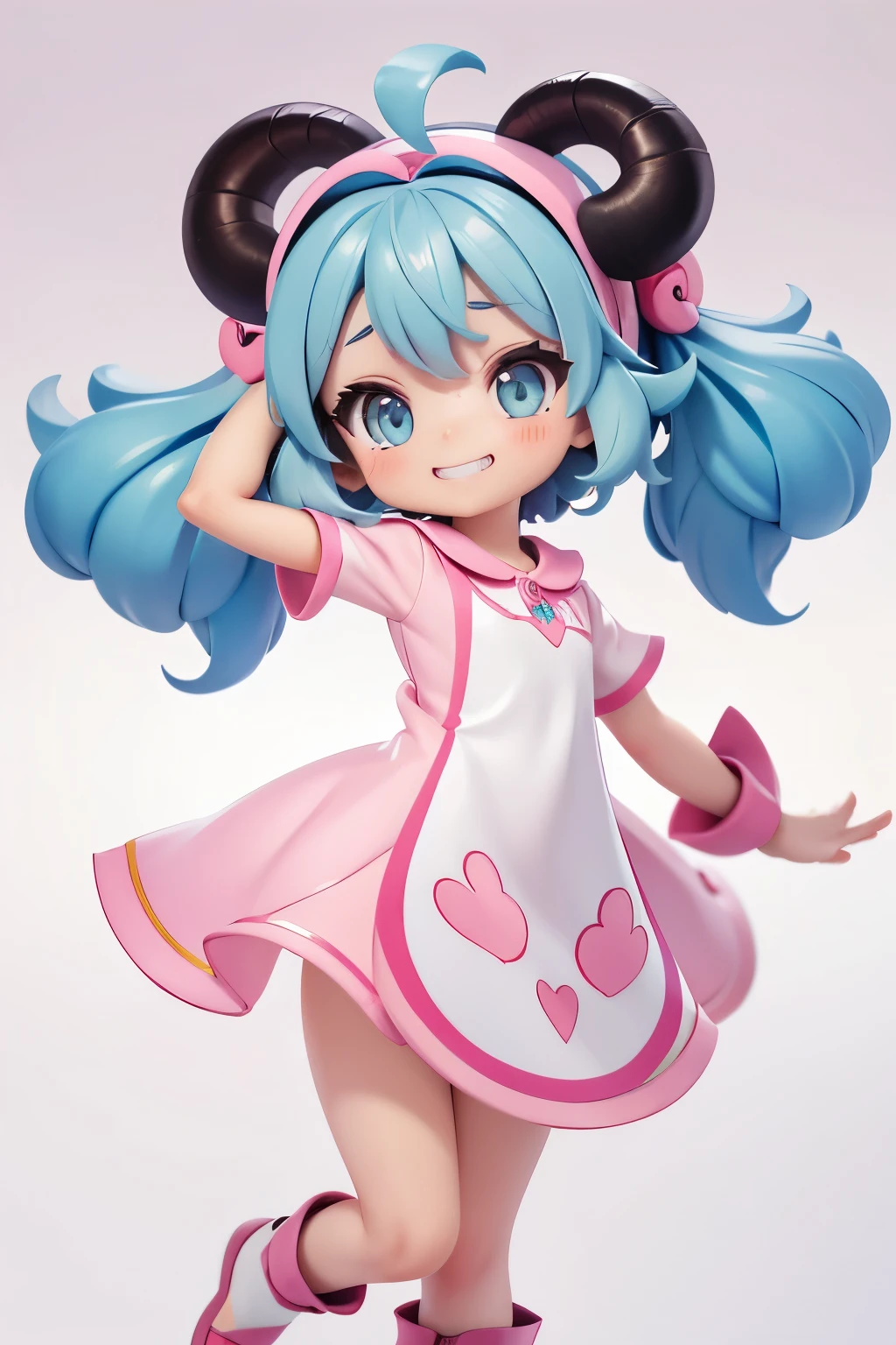  1 girl ,  bangs,  twin tails, Blue Hair/ light blue hair, Ram horns on head、 long eyelashes, Silver Eyes、 Musical Note Hair Accessory , Grin,  Pink Dress 