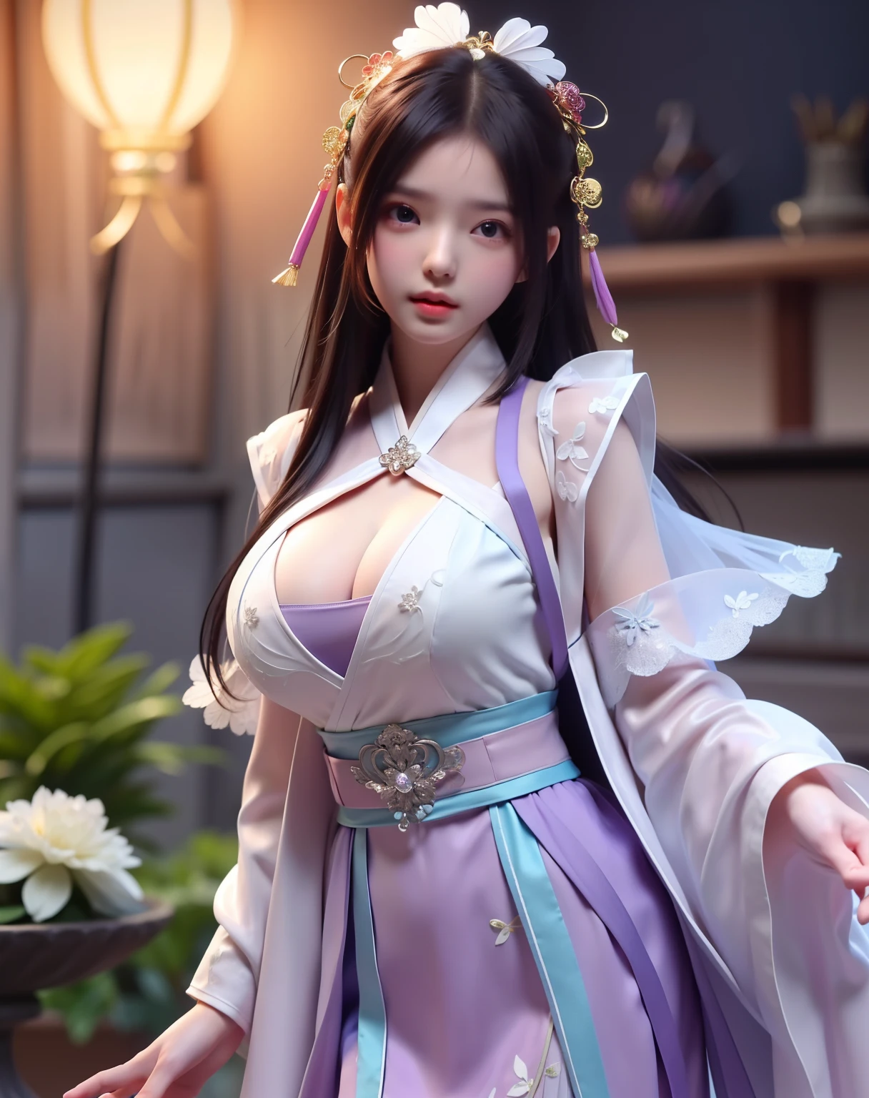 Hanfu fashion model 25 years old wearing a tulle belly pocket，[[[[closeup cleavage]]]], [[[[coll]]]], [[[[bshoulders]]]], Hair is naturally scattered，large perfect eyes, Perfect iris，Perfect lips，perfect teeth，Perfect skin，Soft front light，with light glowing，hdr，（pastel colour：1.2）