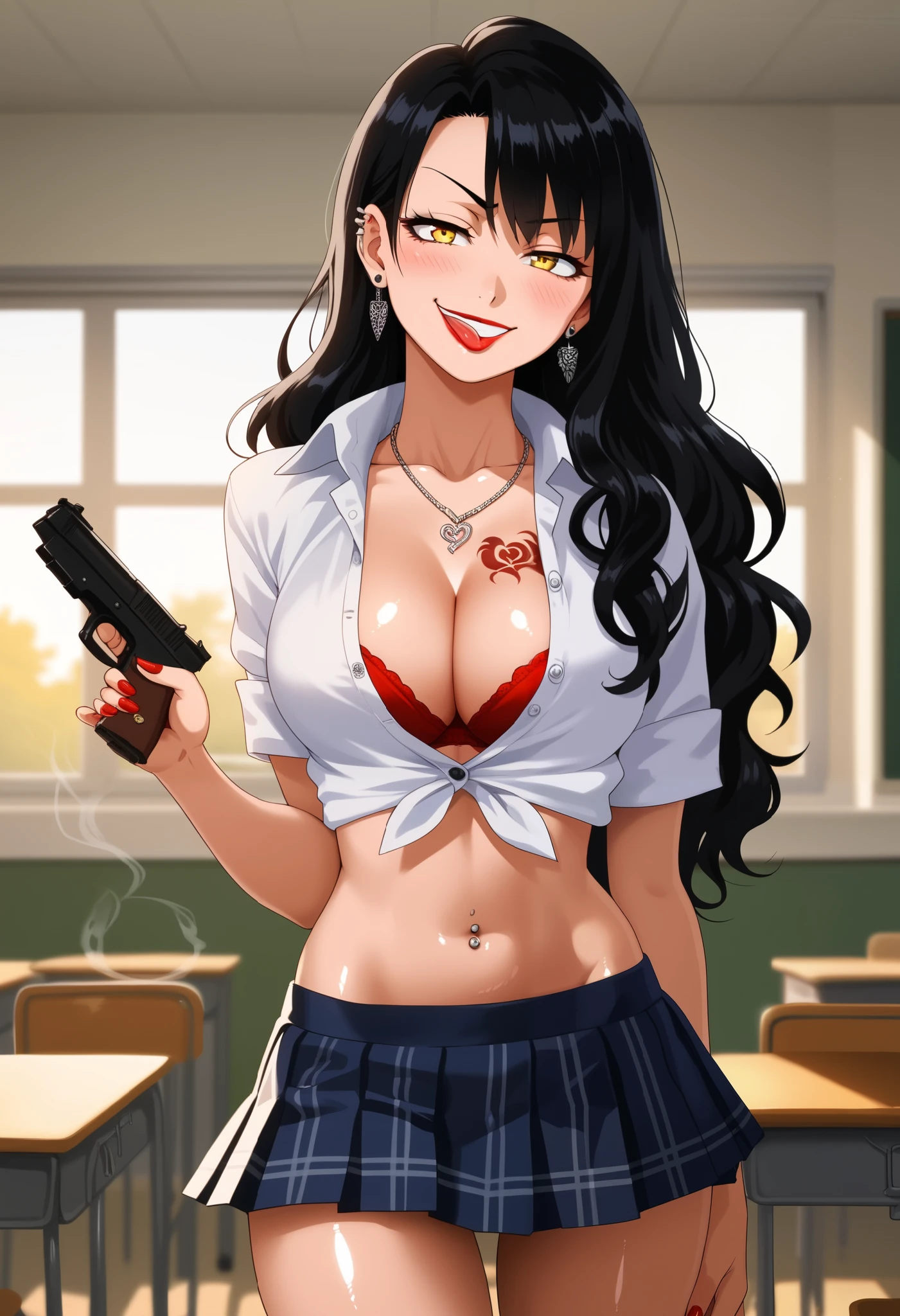cyan_sung-sun, (three heads:1.3), 1girl, solo, long black hair, purple eyes , very large breasts, long hair, lipstick, smile, Hot girl, baddie, staring, glaring, bad attitude, mean girl, dare, angry, hate, crazy, smoking, sensual, attractive, masterpiece, best quality, highly detailed, a anime girls in sailor uniforms with a gun posing for a picture,
evil smile, smile, open mouth,black_serafuku, ecchi anime style, anime girls , (nsfw) not safe for work,
ecchi style, ecchi, shipgirls, digital anime art!!, high school girls, holding a gun, hold a gun, anime style 4
k, micro skirt, exposed belly, exposed navel, exposed midriff, holding pistol, massive underboob,
exposed lower belly, school, classroom,