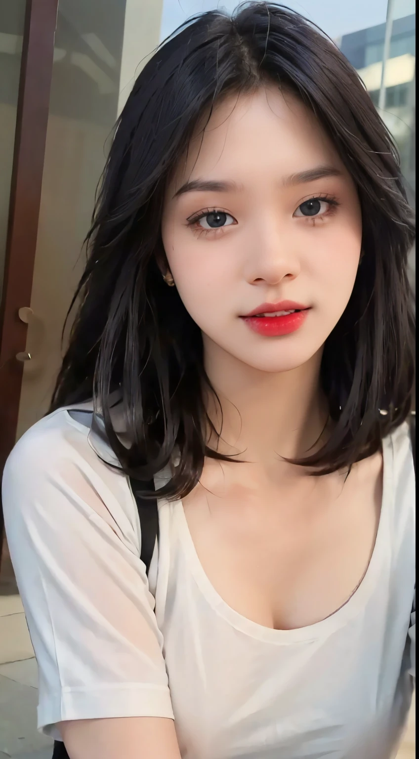 ((Masterpiece, RAW photo, ultra detailed, high quality, 4k)), 1 Asian girl, medium black hair, have two bangs, red lips, perfect eyes, perfect face, white t-shirt oversize, selfie poses, in the city garden, perfect smile, very beautiful, black watches, perfect selfie, full body view