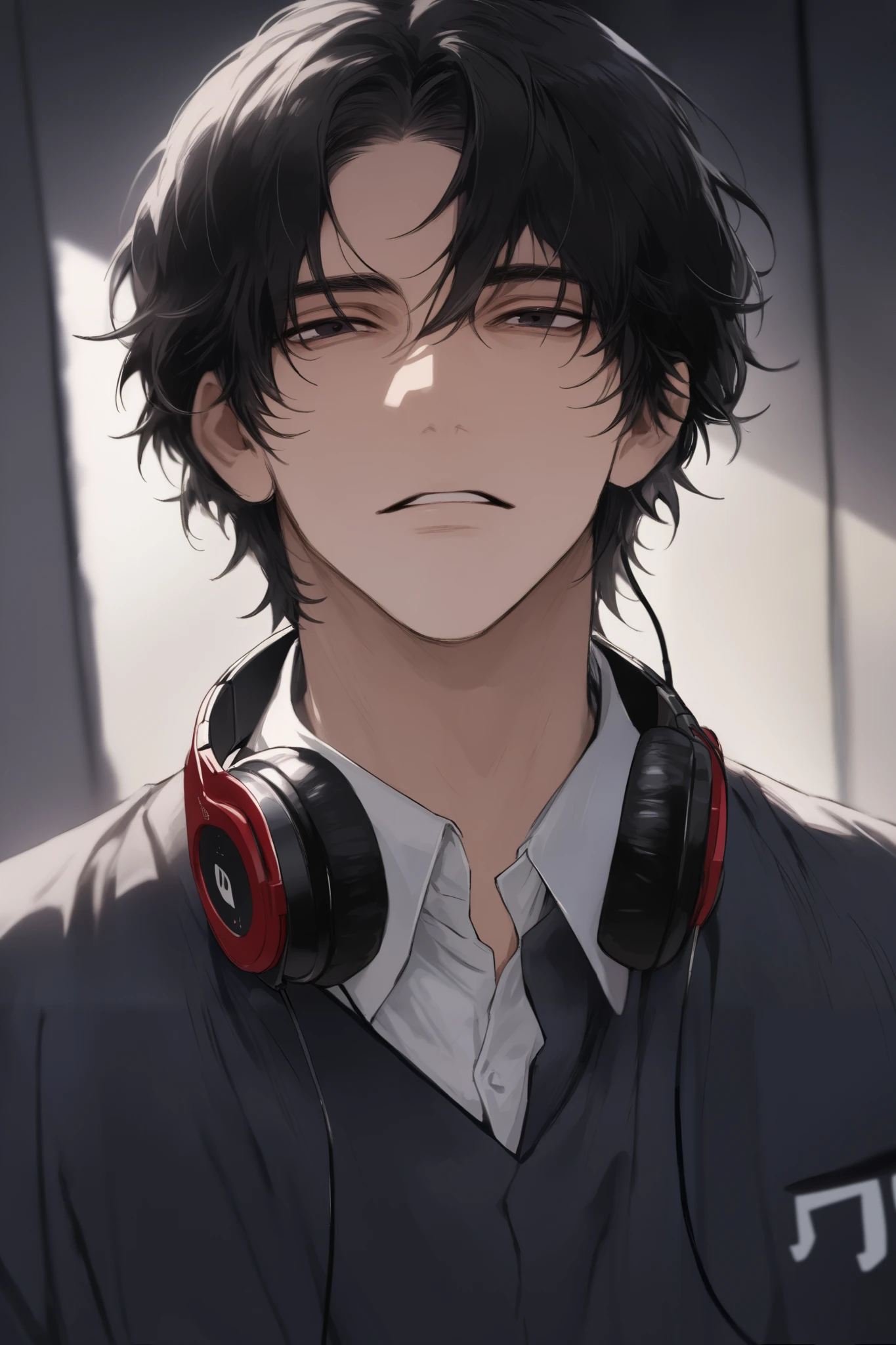 masterpiece, perfect, man, handsome, short to medium black hair, dark eyes, student uniform, cool face, slightly open lips, music student, wearing headphones