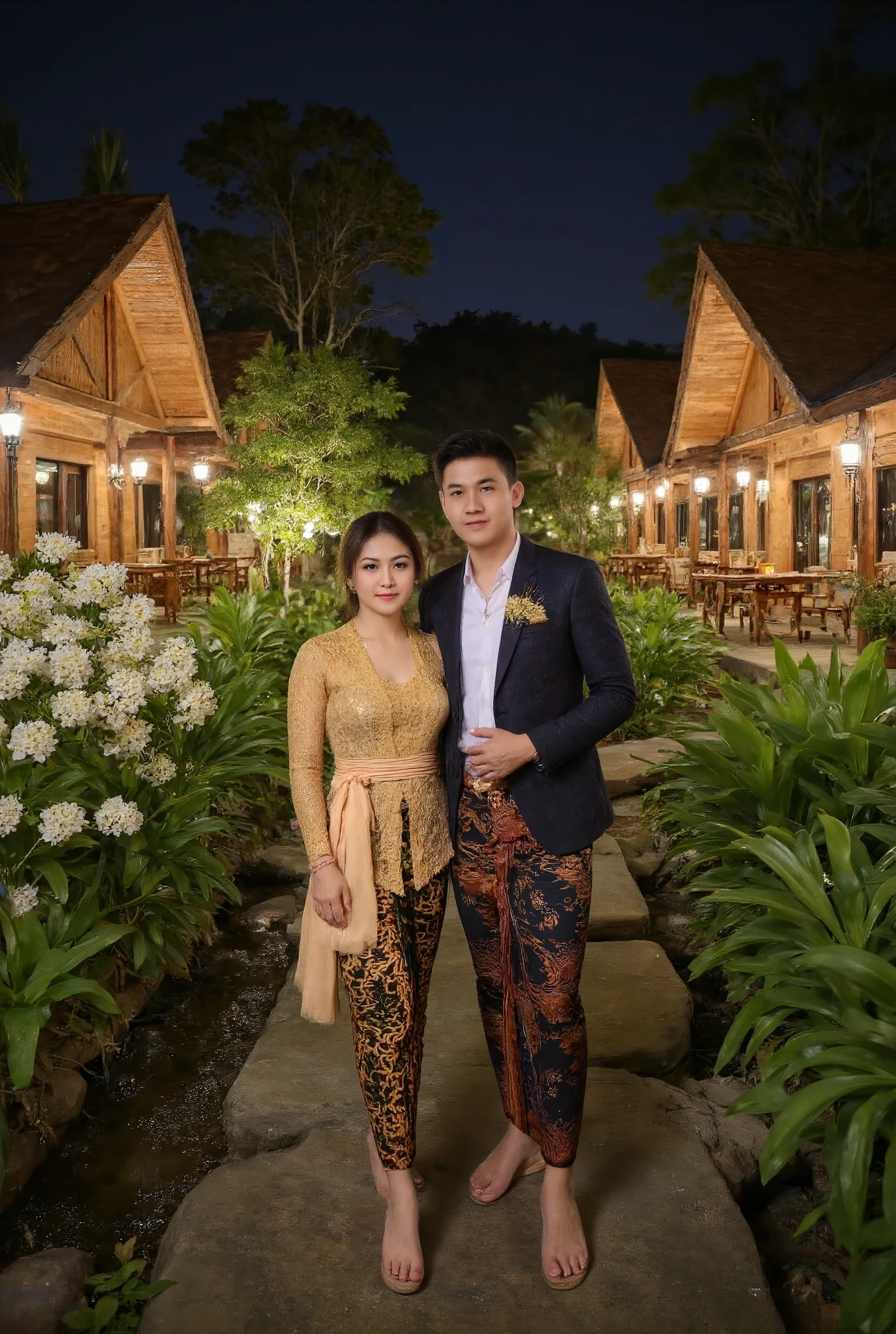 A serene night view of a natural rural setting in Indonesia. The area is illuminated with soft, warm white light from the lanterns. Jasmine flowers line the path, adding a romantic touch. The architecture is made from natural materials such as wood and bamboo, blending perfectly with the environment. Around the area are scattered houses made from woven bamboo, each of which has a terrace complete with wooden tables and chairs. The atmosphere is surrounded by lush greenery, large trees and dense foliage, exuding a peaceful and fresh atmosphere. Stone or dirt paths crisscross the area, with streams or small streams nearby, adding to the soothing sound of flowing water. In the foreground you can see a pair of Javanese Indonesian brides and grooms standing and looking happy, the woman is wearing a traditional Central Javanese kebaya, as well as a batik sarong with a hair bun and gold accessories, a very beautiful thin shawl, barefoot. Beside him was a man wearing a traditional suit and Central Javanese batik sarong. They look happy, pose gracefully and aesthetically facing the camera.