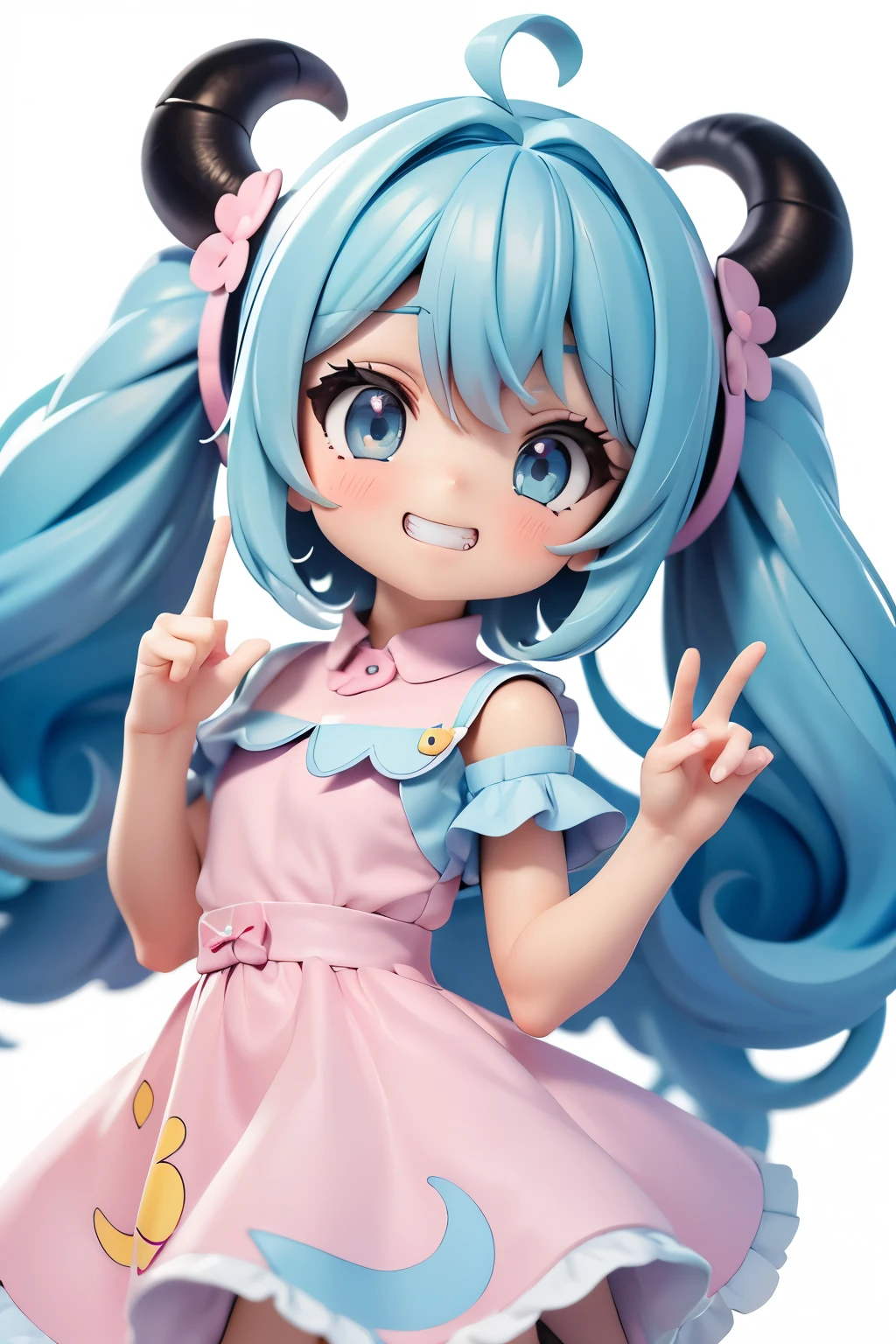  1 girl,  bangs,  twin tails, Blue Hair/ light blue hair, Ram horns on head、 long eyelashes, Silver Eyes、 Musical Note Hair Accessory , Grin,  Pink Dress 