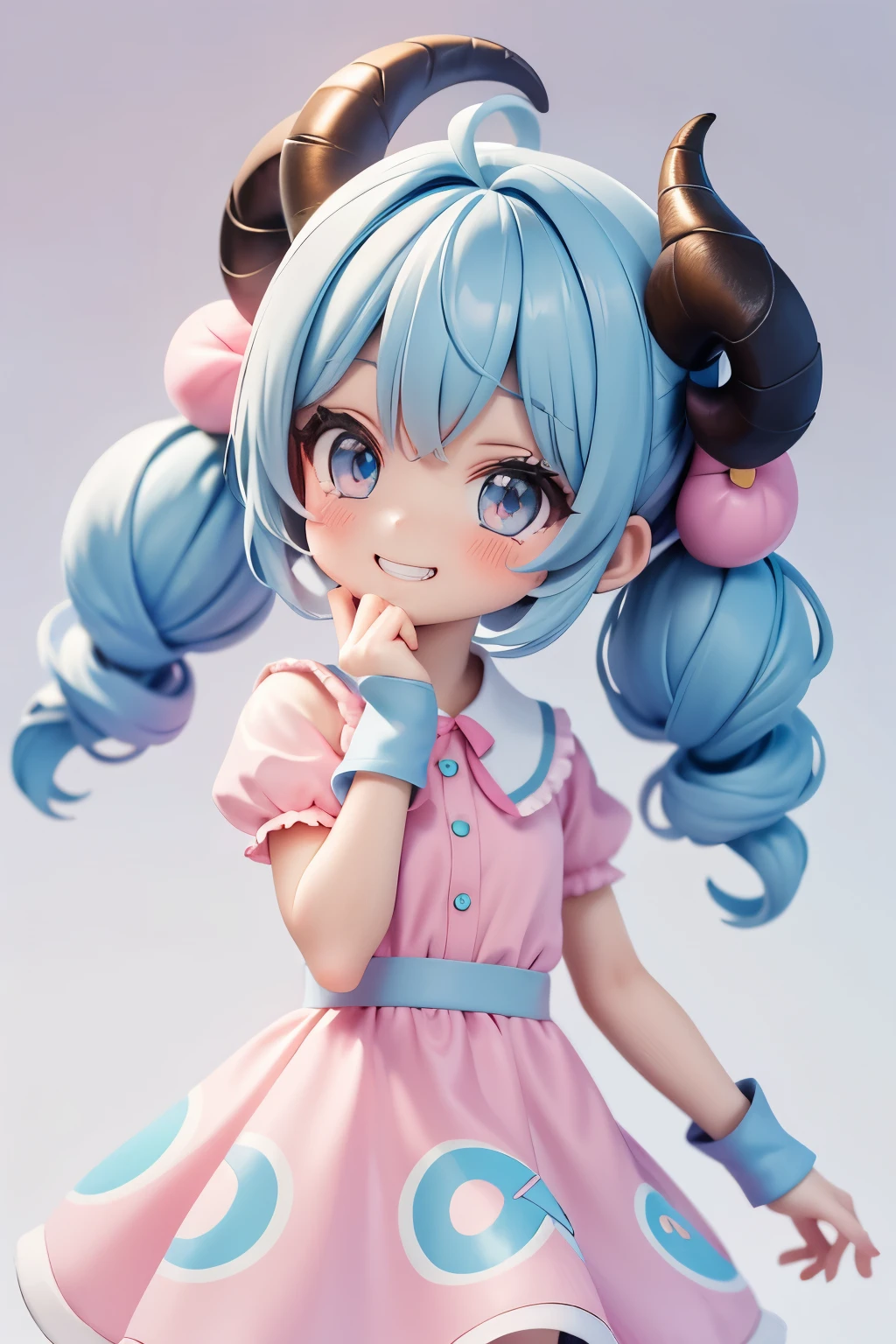  1 girl,  bangs,  twin tails, Blue Hair/ light blue hair, Ram horns on head、 long eyelashes, Silver Eyes、 Musical Note Hair Accessory , Grin,  Pink Dress 