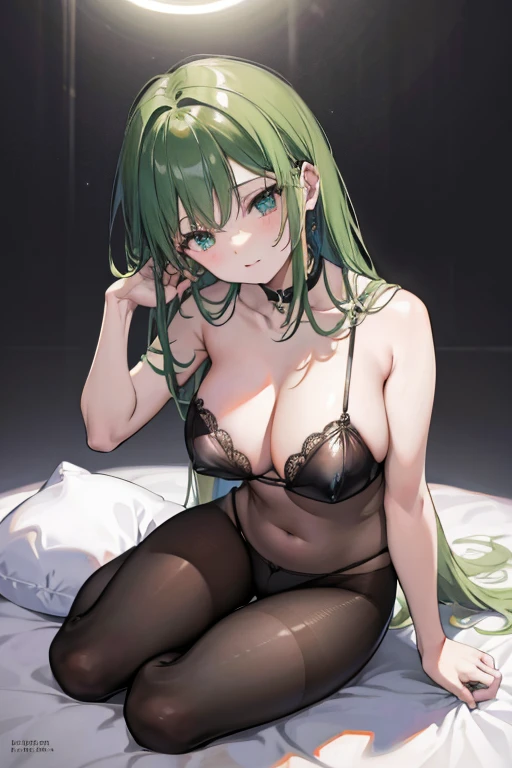 masutepiece, Best Quality, 1girl in, (C.C),Green head hair, (Green eye:1.2),((bunnygirl))、((Leotard))、length hair、((embarassed expression))、((Bedroom))、((rabbitears))、((highleg))、((pantyhose))、((Shoulder out))、((bare neck from shoulders))、((Sit up))、((Spread your legs apart))、((Pregnancy))