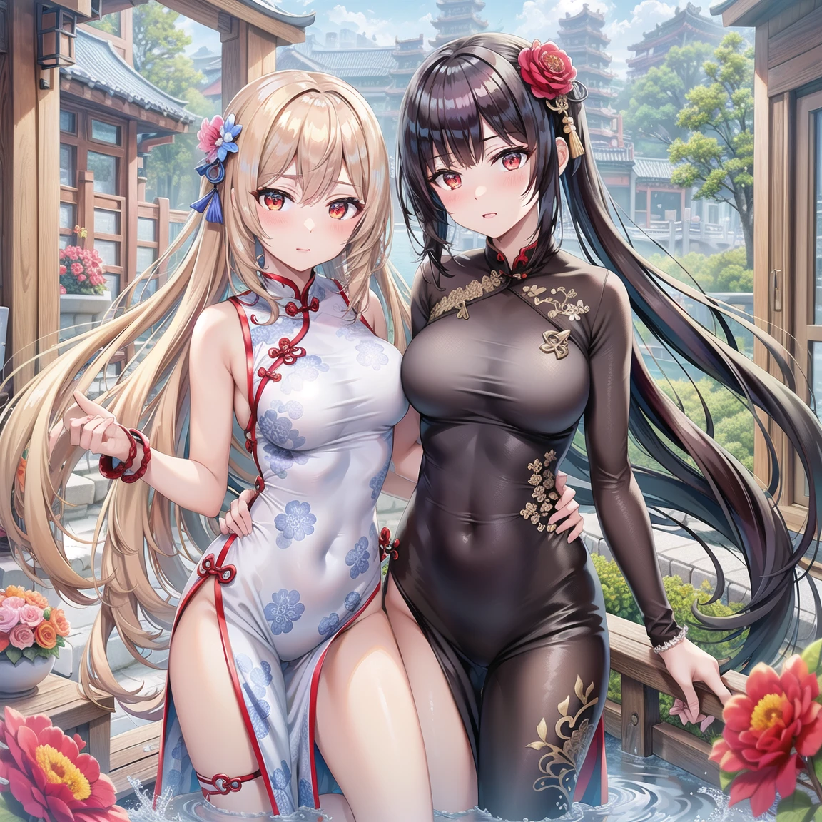 Masterpiece、Highest quality、Super detailed、1 girl、Gray Hair、(Big Tits)、Fluffy and soft long hair、Red-pink eyes、Chinese clothing、Chinese Fantasy Palace、Cleavage、(The underboob is visible)、Belly button、Ruffles and ribbons、smile、Too big breasts