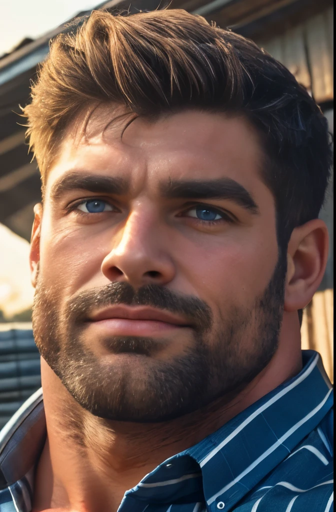 a very handsome and muscular man, perfect big blue eyes, wearing a striped button-down shirt, massively large biceps, very large pecs, Standing sideways on a farm, close-up portrait From the waist to the head, close-up view, bara