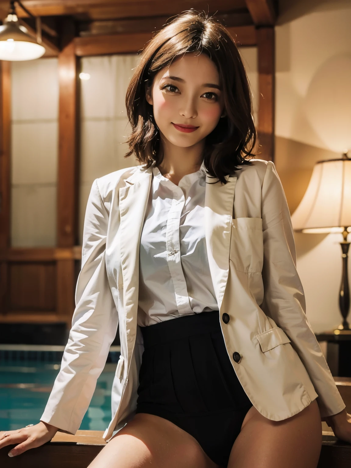 Magical Mixed Reality, ( RAW photo :1.2), ( photorealistic:1.4), beautiful detailed girl, short hair, panties , panties , punch, is high definition eyes and face, 美しい Detailsな目, large file size , 超 Details, is high definition , is high definition, top quality, Masterpiece , ((Japan girls' high school uniform)), Illustration, 非常に Detailsな, CG, Unified, 8k wallpaper, Details, is high definition cg uniform 8k wallpaper, Light On Face, movie lights, girl, Front, pleated skirt , blazer, Pool, Daytime, smile, SEXY POSES