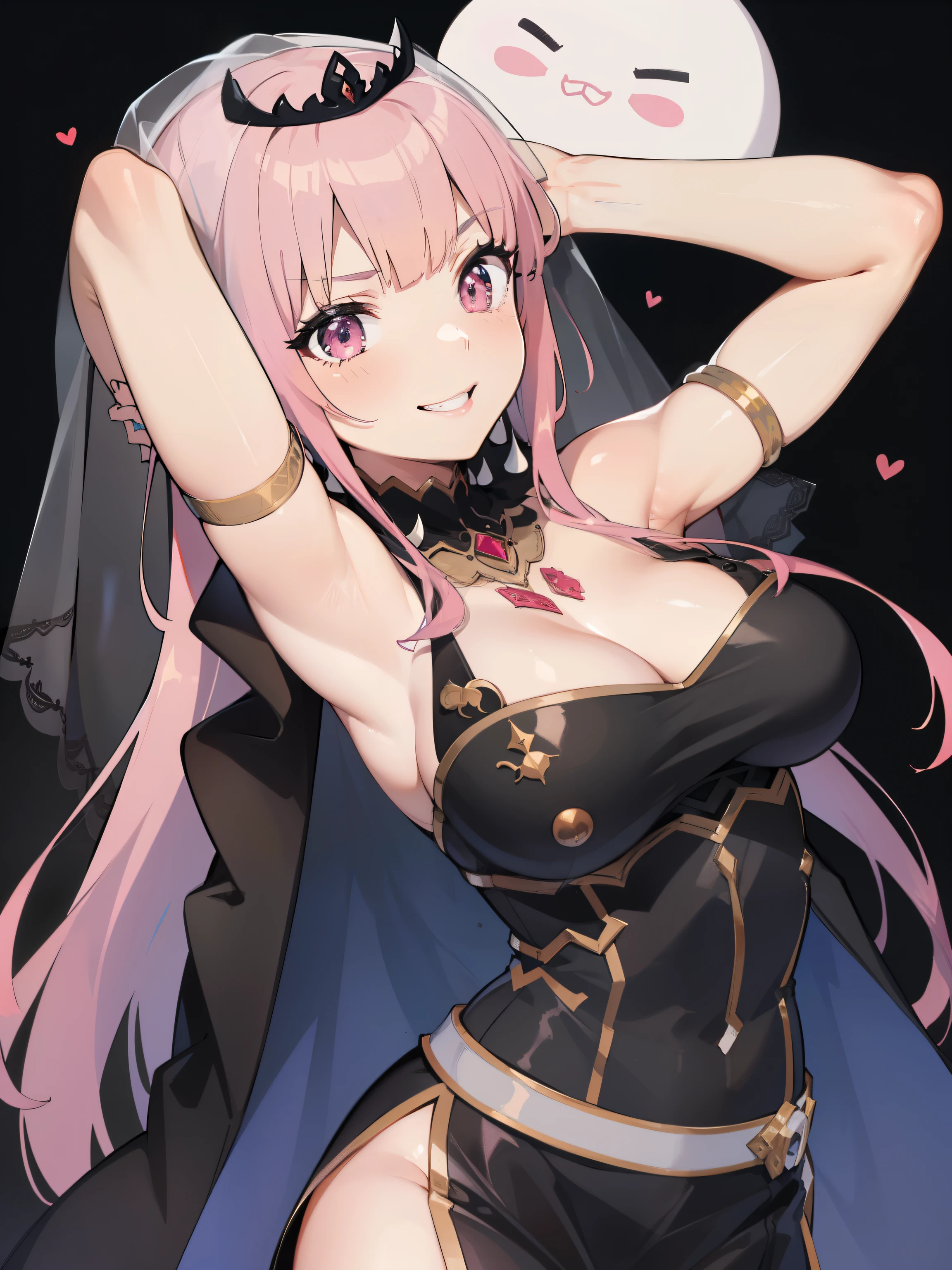 Molybase,  long hair,  pink hair, Veil,  tiara ,   Long Black Sleeveless Dress,  side slits, Torn black cloak,  Shoulder Spikes  ,  Single Black Thigh High ,  detached sleeve , Sheer Sleeves ,  Big Breasts BREAK Provocative Smile ,  nose brush ,Show your armpits
BREAK
Masterpiece ,  top quality,  high definition , 8k,  official art,  Ultra Detailed,  super resolution,  very detailed and beautiful,  very detailed,  Superbly Detailed , Fine and beautiful girl ,  very detailed顔,  very detailed目,   meticulous skin ,   very detailed指とピンクの服 ,  very detailed鼻,  very detailed口,  Perfect Anatomy Breaking the Abyss ,  Darkness, Ghostly,  very detailed CG unity 16k,  Very Fine 16KCG Wallpaper 