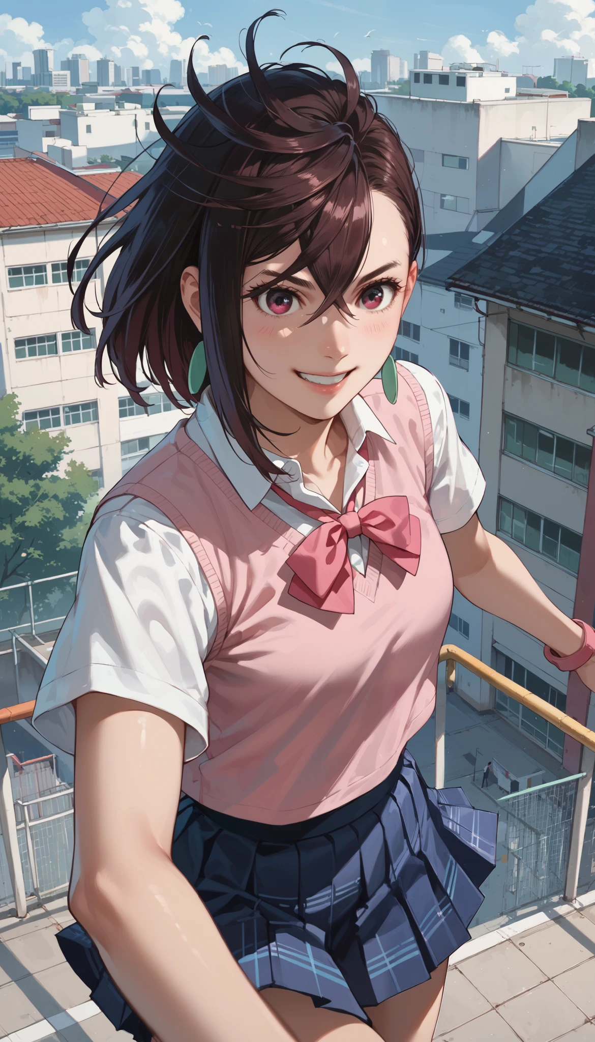 Momose Momo , indoor, smile, school uniform, pink vest,rooftop, punch
