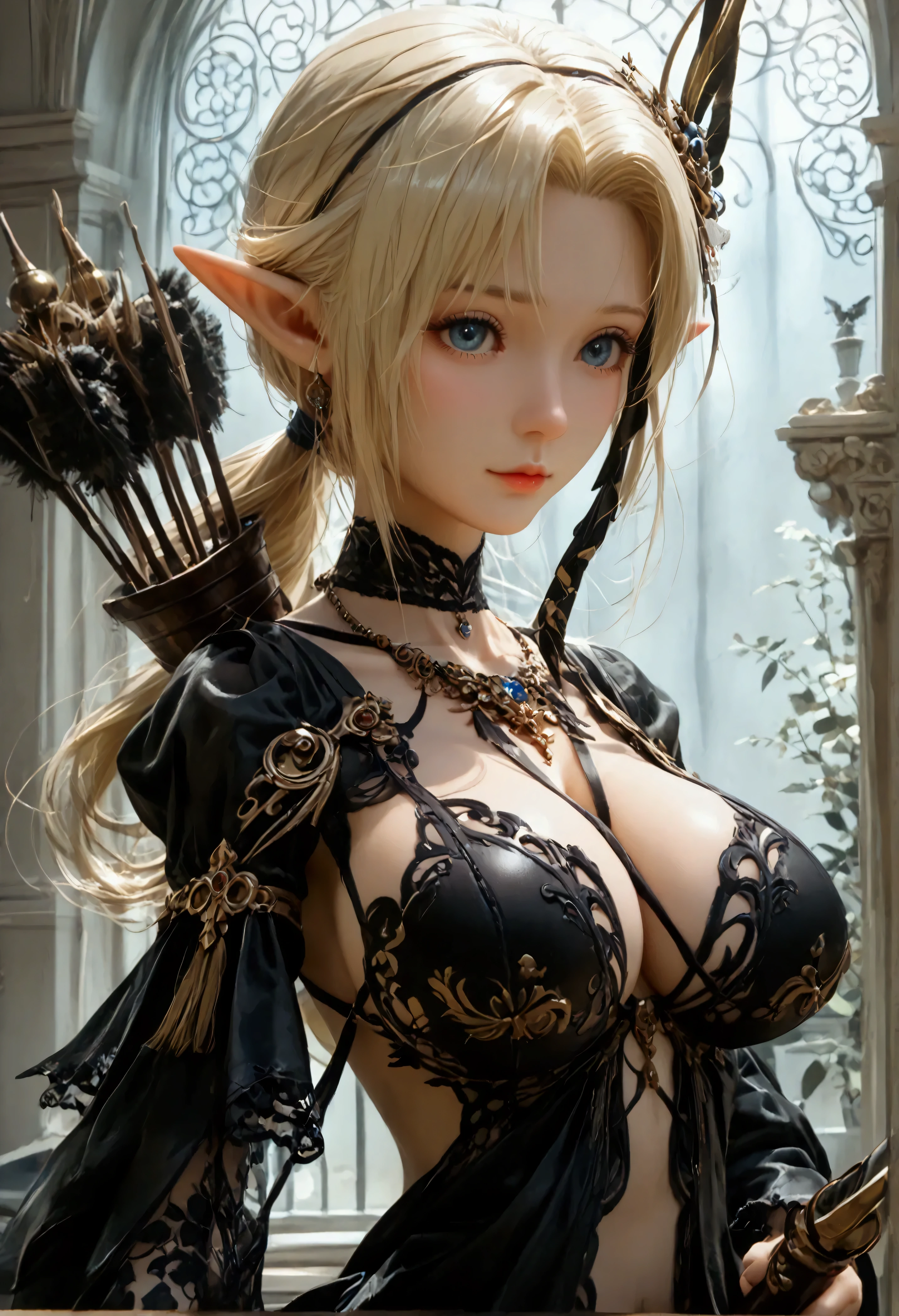 (8k, top quality, Masterpiece , Final Fantasy Style: 1.2),Atmospheric perspective, 8K, Very detailed, Accurate, Highest quality, masterpiece, Very detailed,Sharp focus, High resolution, accurate hand expression, fullbody shot of a female hunter elf, Holding a luxuriously decorated bow, (fullbody:1.5),, (nudity:1.7), Complex, Narrow Face, elegant, Wearing a sapphire necklace, black lightweight dress with straps, ((large breasts:1.2), (huge breasts:1.2), (Uplifted and well-defined bust:1.2), (lifted chest:1.2), (perky breasts :1.2),(deep cleavage:1.4),(nudity, exposing beasts:1.5)) and a huge waist, (sexy long legs, whole body picture:1.5), ((nudity, exposing beasts:1.5)), To the camera, Very detailed, Digital Painting, Art Station, Concept Art, Smooth, Sharp focus, figure, ArtJam, Greg Rutkowski, Art by Alphonse Mucha, 8K, Volumetric Fog, bloom, light, lumen, Crank blur