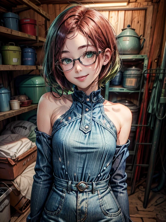 short redheads, hair green eyes ,  metal-framed glasses, denim dress,  bare shoulders are visible,  smiling girl in the shed.