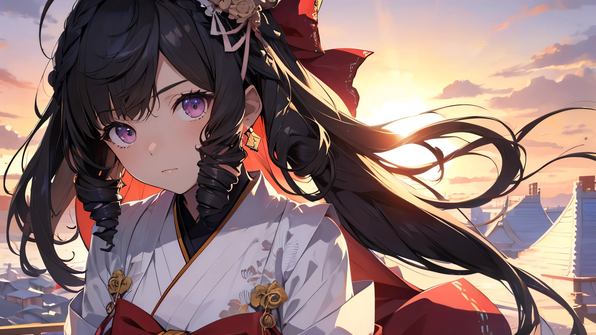 Solo, girl, (human ears, earrings), ((flat chest, short stature)), (black hair), (kneeling with arms behind head), (calm face, hair accessories), ( Red and white shrine maiden clothes), (Sunset Sky, Sunset, Sunset Sky), (Chest Focus, Dynamic Angle), (Hi-Res, Masterpiece, Accurate, Anatomical) Accurate, Multiple Awards Award winning condition, top quality, detailed, high quality model, high quality, retina, highly detailed condition, textured skin, super high resolution).
