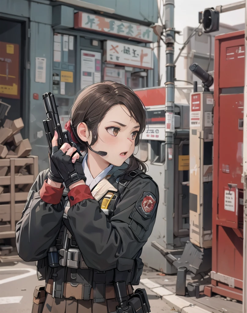    1 girl, Alone,  long hair,  Around town,  camouflage suit,  brown hair,    black hair  ,  gloves, holding,    twin tails ,    Brown Eyes   ,      School Uniforms,    jacket, whole body,    ponytail, arms,  pleated skirt , shoes,   black  gloves, socks,     fingerless  gloves , holding arms, from side, gun, Check pattern, Knee-length, Check pattern スカート,   brown footwear , white    jacket, black socks, , holding gun, rifle,  cigarettes, brown skirt, sniper rifle, Firing, Range   , Suppressor
