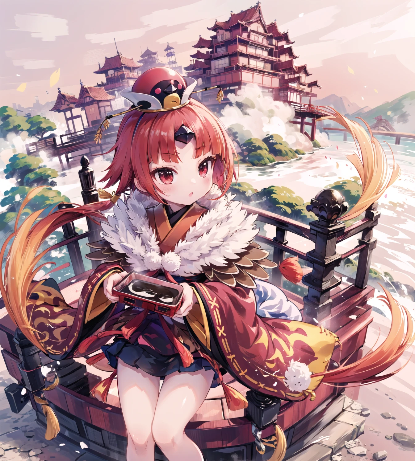 ((masterpiece,best quality:1.2)),Enma-tei,Chinese architecture:1.4,porous bridge:1.2,magnificent panorama view,ribbon,1girl,be_nienma,((red japanese clothes)),two small white pompons,Black mini skirt