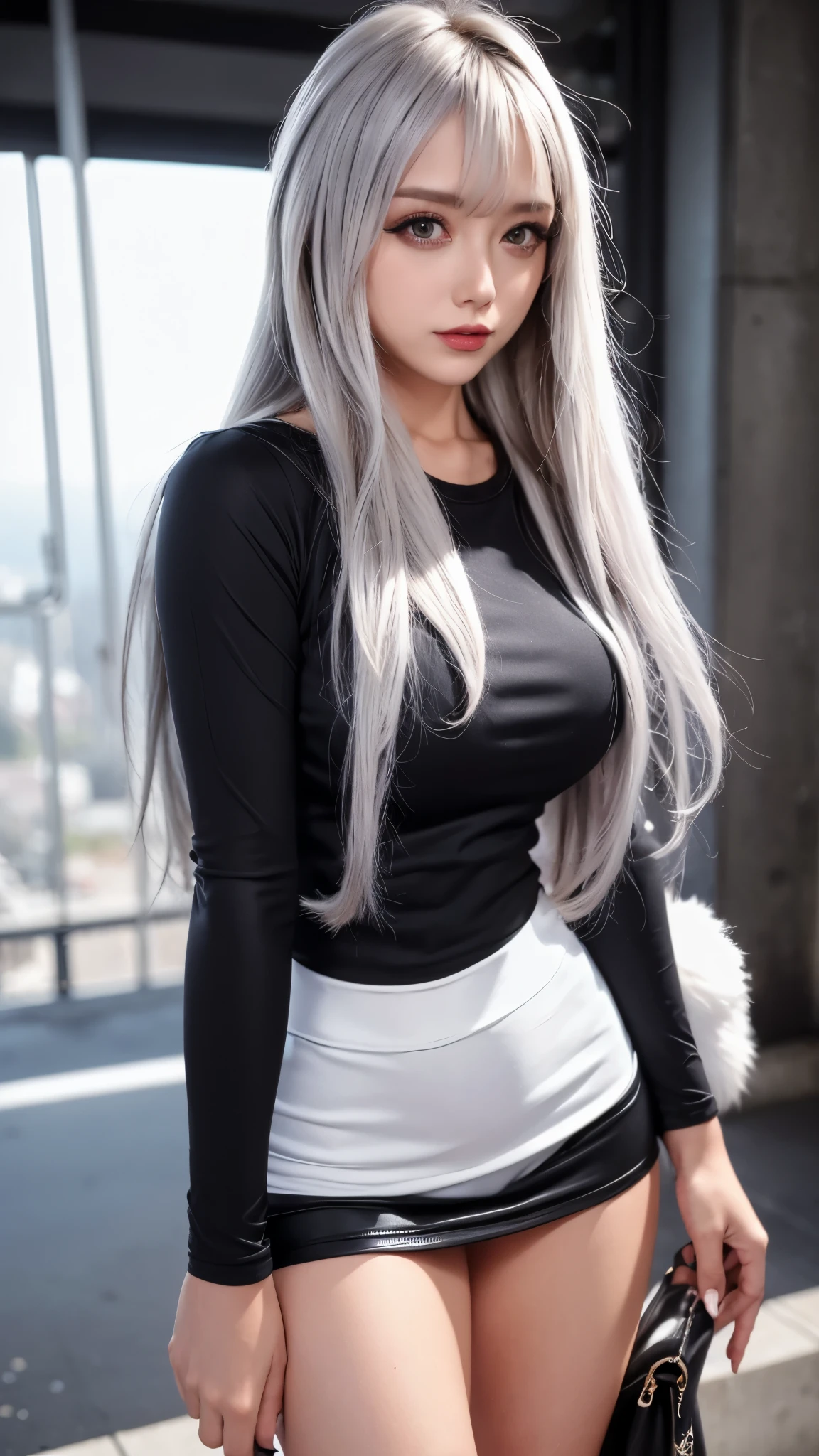 Masterpiece, Best quality, Night, Cityscape, strong rimlight, Real, Huge_filesize, the wallpaper, Japanese, Girl, Long hair, White hair, Wavy hair, Beautiful detailed eyes, Light smile, Medium breasts, ribbed sweater, Miniskirt, white thighhighs,