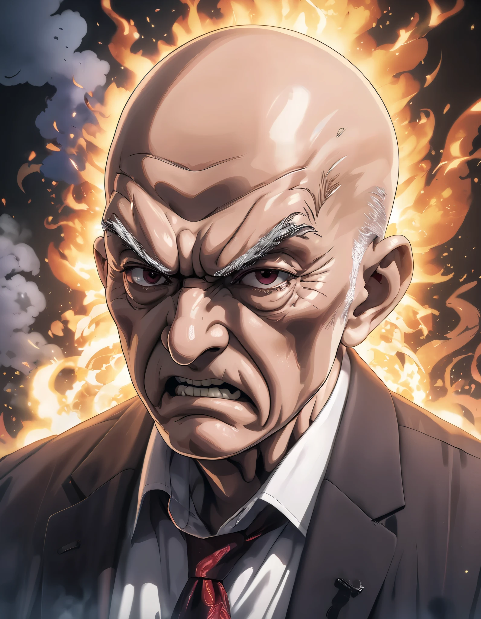 bald angry old man, erupting head, manga style illustration, highly detailed, (best quality,4k,8k,highres,masterpiece:1.2),ultra-detailed,(realistic,photorealistic,photo-realistic:1.37),dynamic pose, dramatic lighting, vivid colors, intense expression, dynamic action, steam or smoke effects, cinematic camera angle, depth of field, intricate background details, dramatic shadows