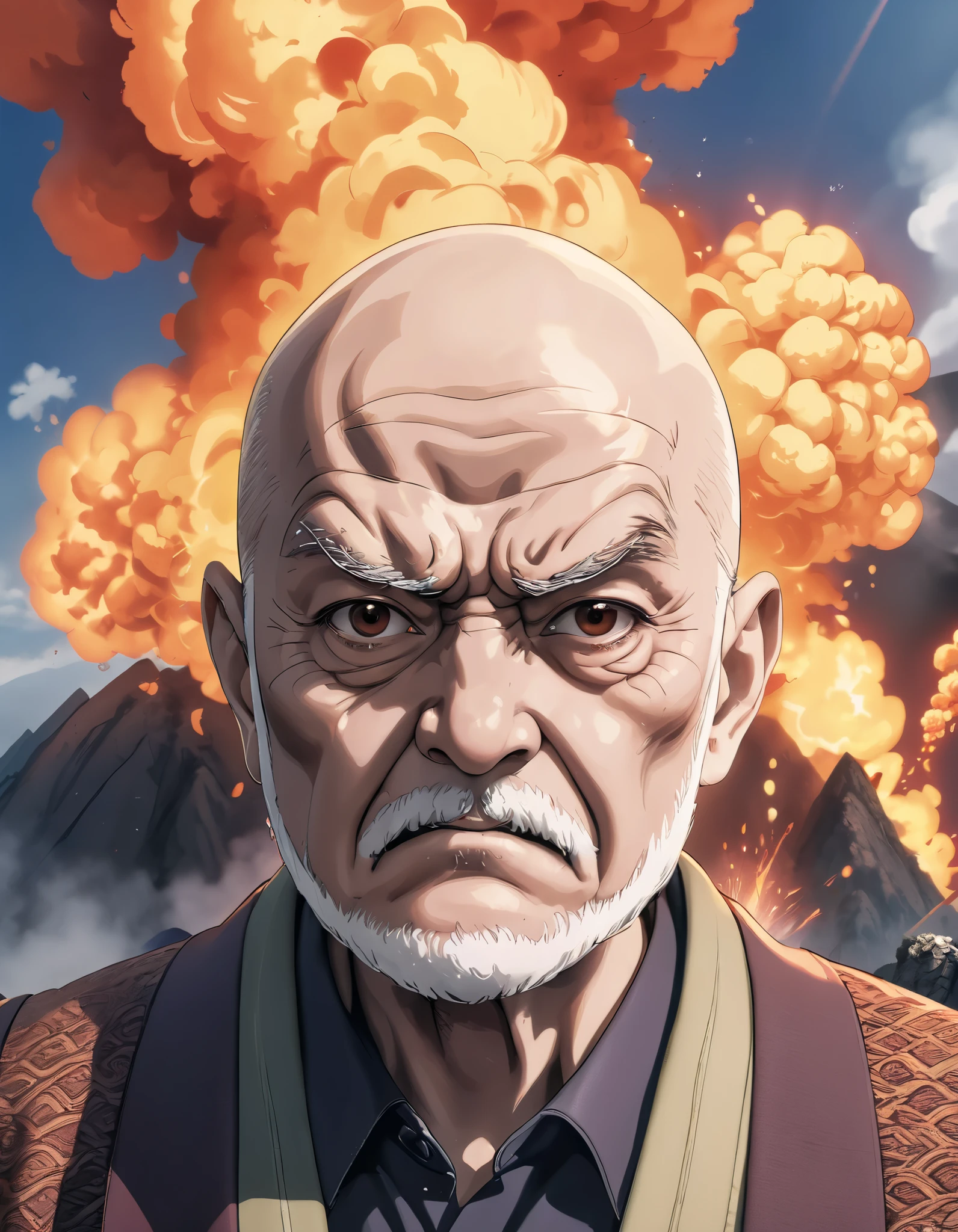 bald angry old man, erupting head, manga style illustration, highly detailed, Volcanic eruption in the background, (best quality,4k,8k,highres,masterpiece:1.2),ultra-detailed,(realistic,photorealistic,photo-realistic:1.37),dynamic pose, dramatic lighting, vivid colors, intense expression, dynamic action, steam or smoke effects, cinematic camera angle, depth of field, intricate background details, dramatic shadows