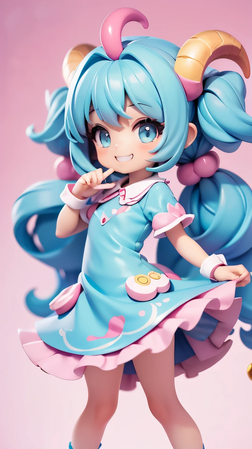  1 girl,  bangs,  twin tails, Blue Hair/ light blue hair, Ram horns on head、 long eyelashes, Silver Eyes、 Musical Note Hair Accessory , Grin,  Pink Dress 、candy wallpaper