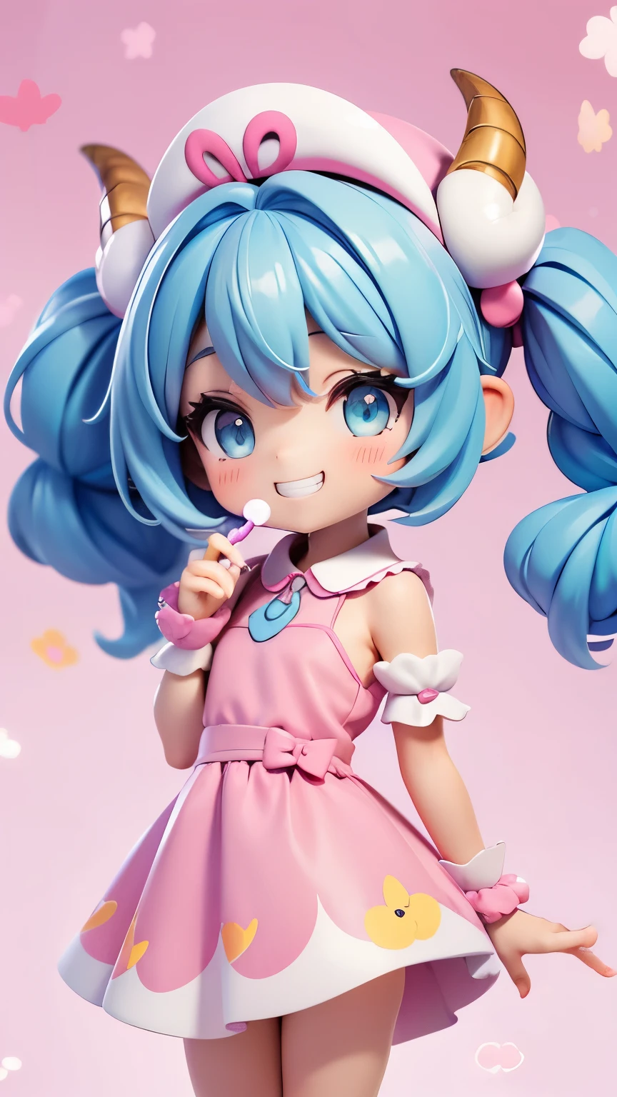  1 girl,  bangs,  twin tails, Blue Hair/ light blue hair, Ram horns on head、 long eyelashes, Silver Eyes、 Musical Note Hair Accessory , Grin,  Pink Dress 、candy wallpaper