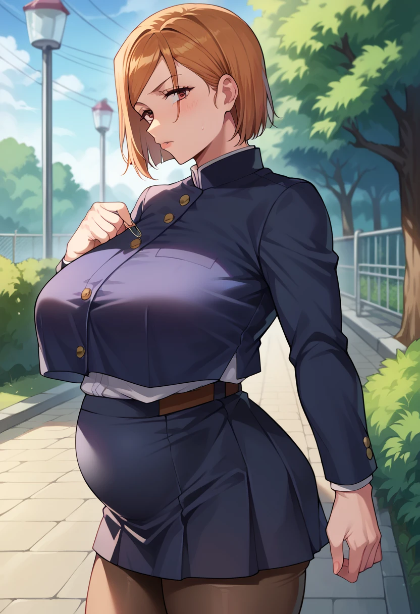 score_9, score_8_up, score_7_up, score_6_up, source_anime, BREAK
1girl, solo, huge breasts, kugisaki nobara, early pregnancy, (small belly:1.3), baby bump, school uniform, black jacket, long sleeves, black skirt, pantyhose, standing, cowboy shot, outdoors, looking at viewer, 