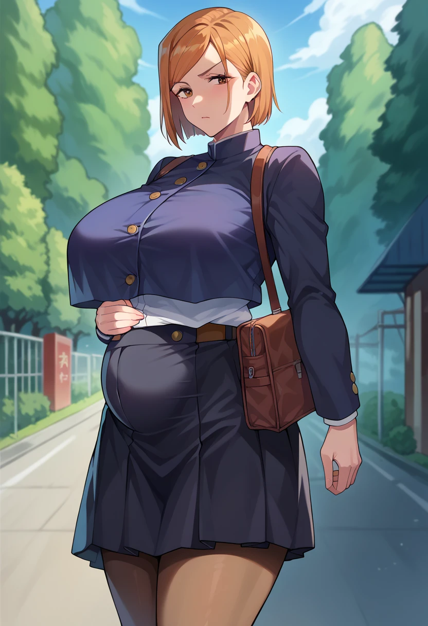 score_9, score_8_up, score_7_up, score_6_up, source_anime, BREAK
1girl, solo, huge breasts, kugisaki nobara, early pregnancy, (small belly:1.3), baby bump, school uniform, black jacket, long sleeves, black skirt, pantyhose, standing, cowboy shot, outdoors, looking at viewer, 