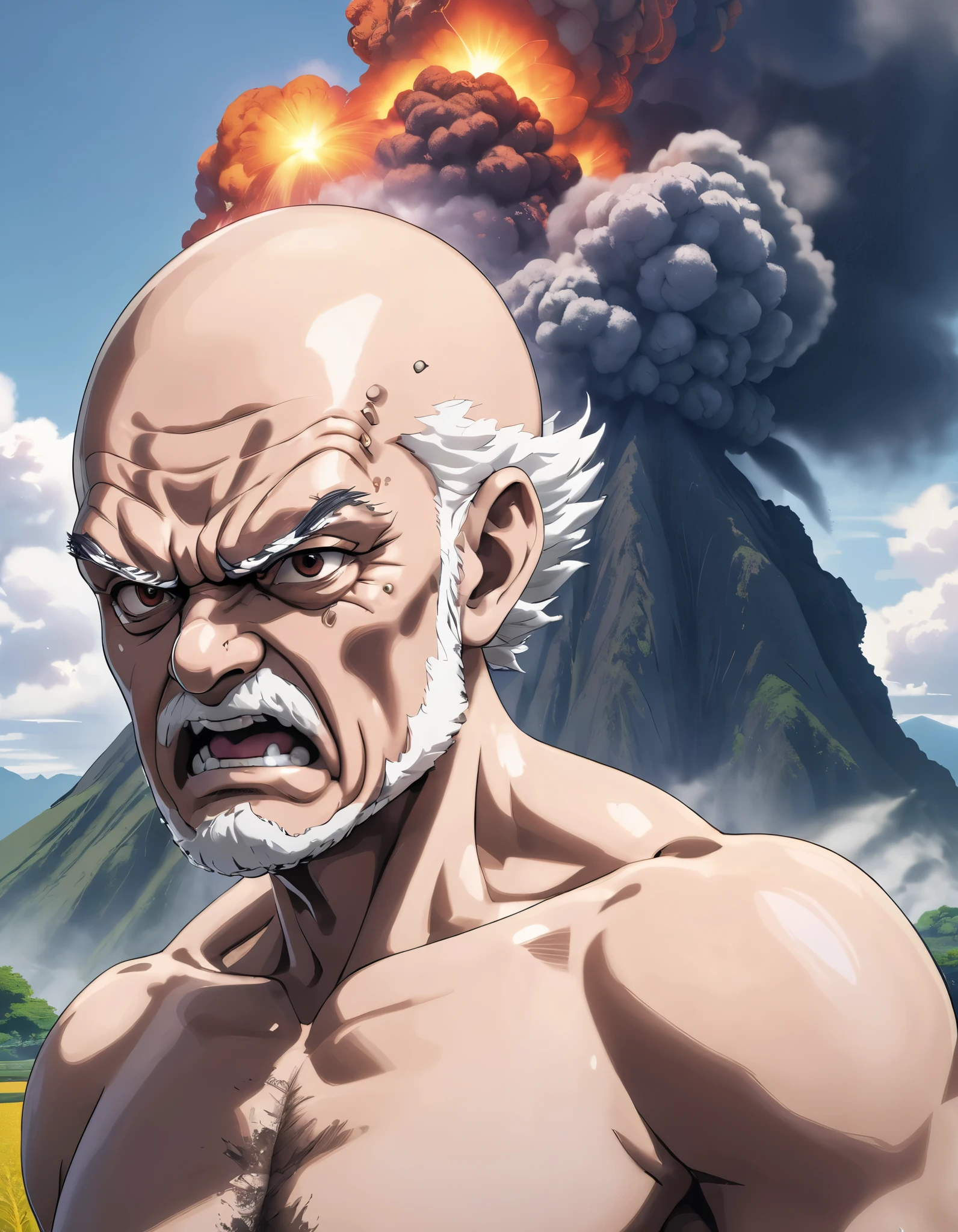 bald angry old man, erupting head, manga style illustration, highly detailed, Volcanic eruption in the background, (best quality,4k,8k,highres,masterpiece:1.2),ultra-detailed,(realistic,photorealistic,photo-realistic:1.37),dynamic pose, dramatic lighting, vivid colors, intense expression, dynamic action, steam or smoke effects, cinematic camera angle, depth of field, intricate background details, dramatic shadows