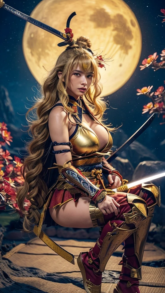  A sexy female character wearing yamabuki colored armor as a warrior from the Sengoku period 、((ringlets hair))、((Honey blonde hair))、((toned body))、(glistening skin)、 Tight Body 、((mega breasts 1.8))、 plump breasts 、 plump thighs 、 Yamabuki colored armor engraved with a Yamabuki flower pattern is a bikini type design that emphasizes chest exposure、(  wearing a Yamabuki flower patterned cape )、cocoon silhouette skirt、 Yamabuki colored shin guard with Yamabuki flowers in full bloom in the background 、Yamabuki-colored high-leg underwear 、Golden yellow tights、 absolute domain、(acrobatic pose)、(acrobatic angle)、((The moment you pull out a sword))、Draw your sword、Iai、Dramatic lighting、night sky with star、Big Moon、(( Large Yamabuki flowers blooming in full bloom on the front ))、(( Sexy female character wearing yamabuki colored armor as a warrior from the Sengoku period ))、 cinema-like scene 、Background water lily 、 Max Image、 Ultra High Definition、8k