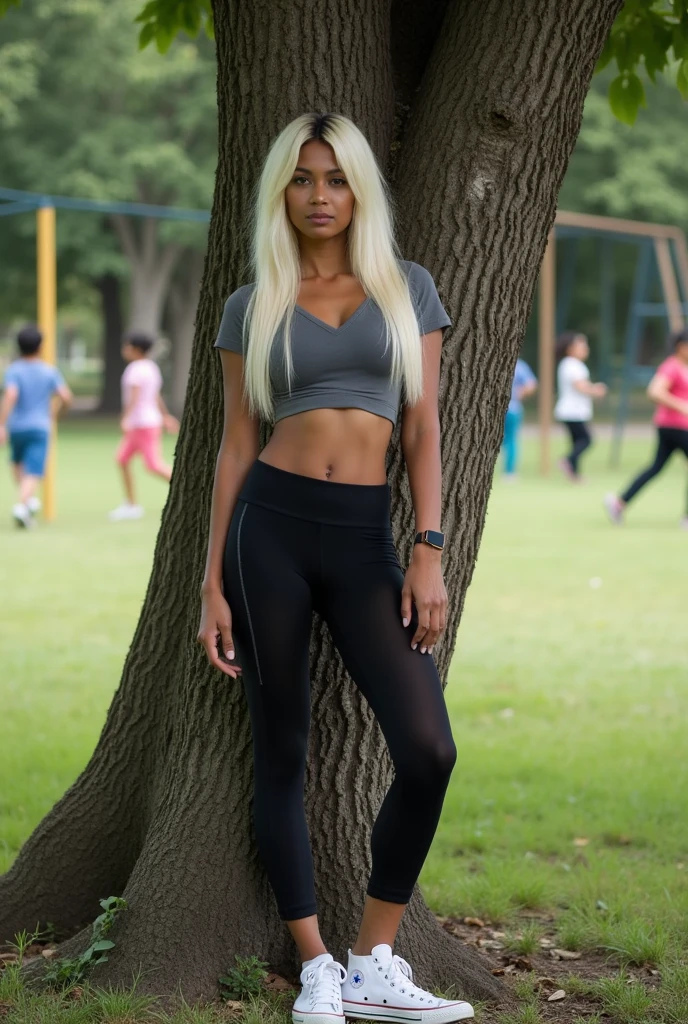 Ingrid is a low-income thai toned shemale with Very strong masculine features in your face, 35 years old without surgery with his flat , 1.80 tall, she clearly presents all the physical and facial characteristics of a shemale her age, respecting the marks of her age on her face and body. , dark skin, long straight platinum blonde hair, wears a lycra top with gray highlights, black lycra leggings, converse all star hi sneakers white, the image is a photo of her posing in a park next to an old and huge tree, in the distance you can see playgrounds where ren play and run around.