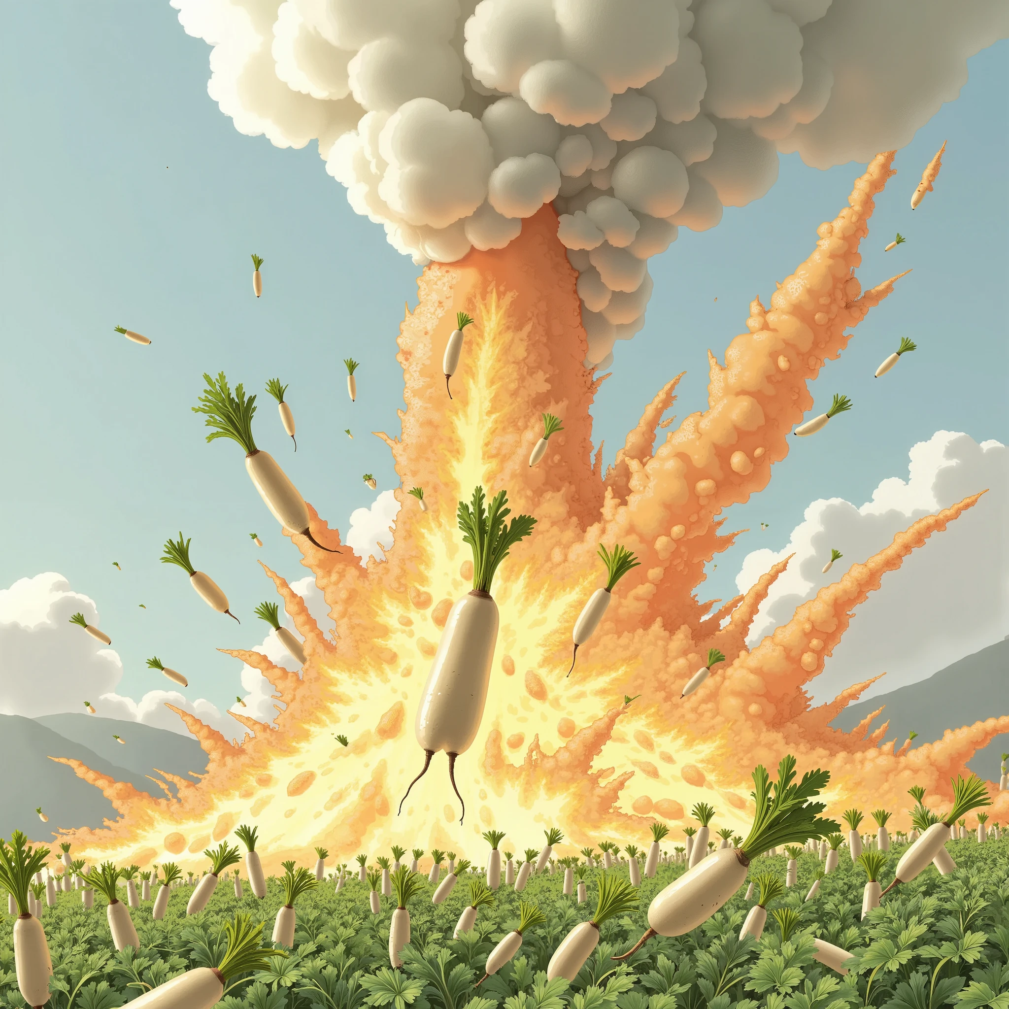 Magma erupting 、 Lots of daikon being blown away by volcanic eruptions、Flying daikon 、 Many daikons spouted up 、radish field、Scenery of a large field 、 Details、 high image quality、masterpiece、