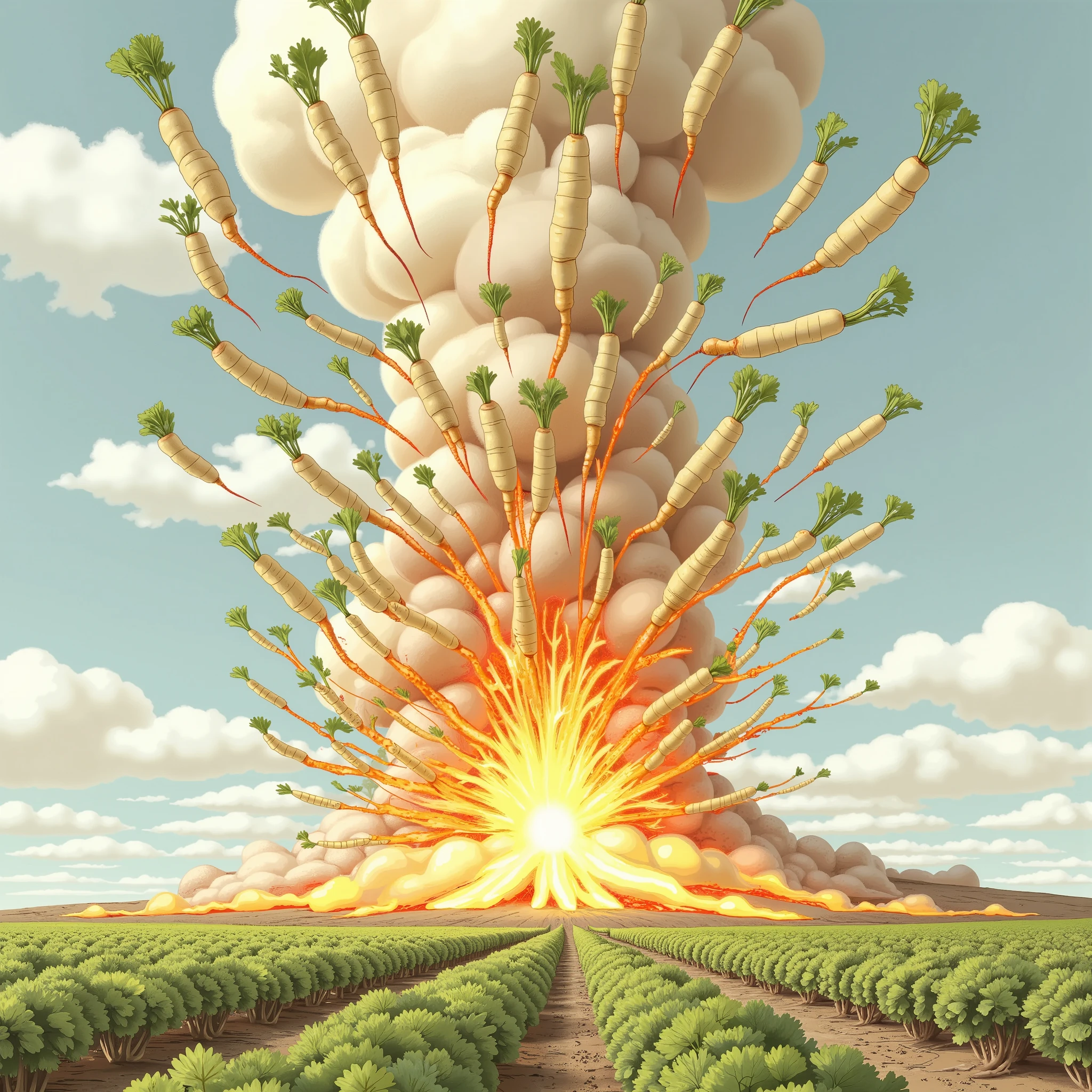 Magma erupting 、 Lots of daikon being blown away by volcanic eruptions、Flying daikon 、 Many daikons spouted up 、radish field、Scenery of a large field 、 Details、 high image quality、masterpiece、