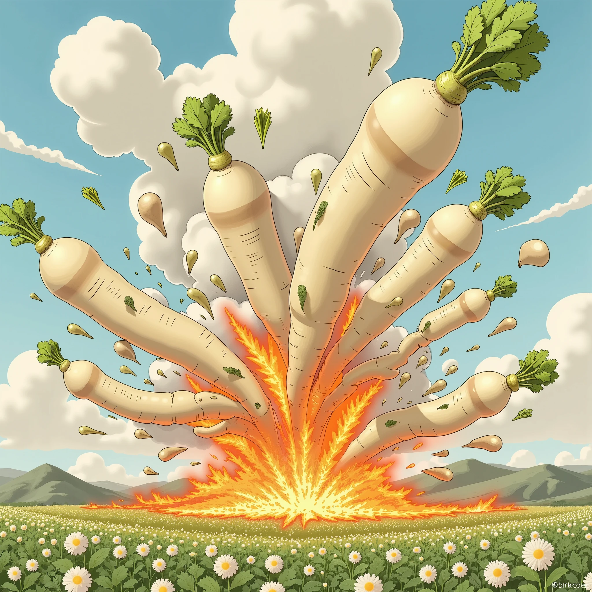 Magma erupting 、 Lots of daikon being blown away by volcanic eruptions、Flying daikon 、 Many daikons spouted up 、radish field、Scenery of a large field 、 Details、 high image quality、masterpiece、