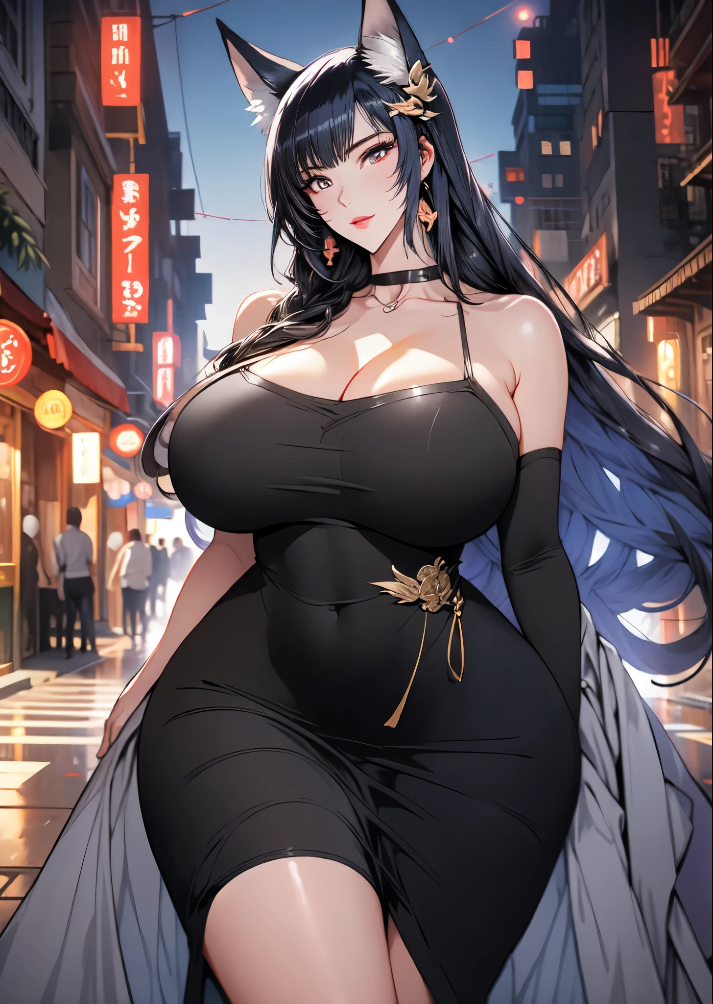 Illustration, 1women, looking at camera, seductive smile, (Milf), (detailed mature face), milfication, BREAK, kitsune, fox girl, fox ears, natural makeup, very long hair, black hair, (bangs), ((mature body, tall women)), ((detailed eyes:1.3)), beautiful lips, ((gigantic breasts)), cleavage, nipples, ((wide hips, thick thighs)), expressive, BREAK, (gorgeous tight dress), hair ornament, BREAK, anime, ((best quality)), masterpiece, highly detailed, city at night, night theme, depth of field, voluminous, sharp focus, vibrant colors, dramatic lighting, soft shadows, ((proportional body))