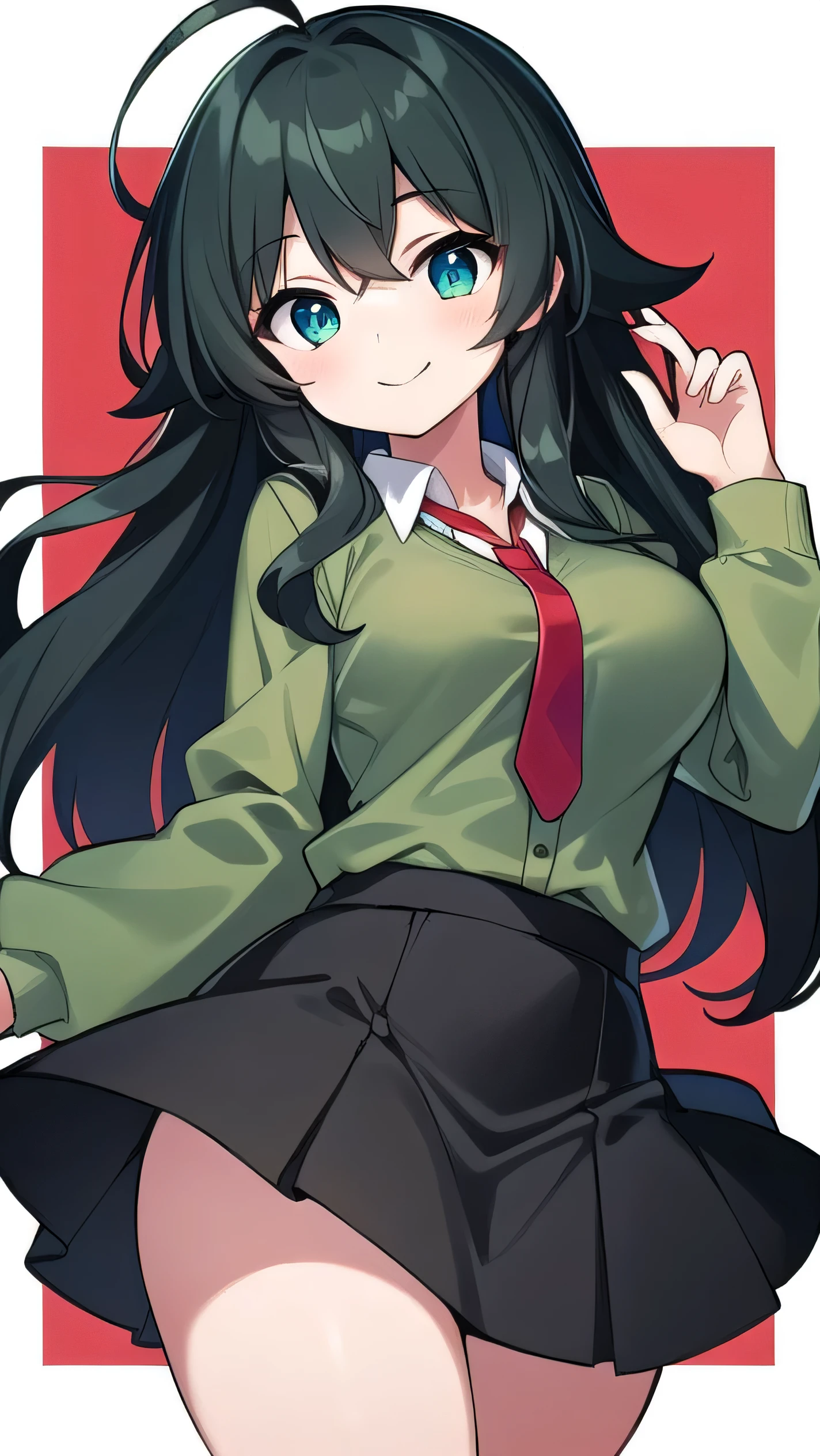 Junior high school student who looks like an elementary school student, , very short, 140 cm tall, black hair with a slight green tinge, short ahoge, beautiful long hair but with a little hair sticking out, beautiful round eyes, blue eyes, smile, boyish, long sleeves, Thick clothes, skirt, big breasts, hair longer than waist, long hair, childish face, gentle smile, a little shy, black skirt, black hair with a slight green tinge, boyish, gentle smile, jacket one size larger, ( Deep greenish black hair: 1.3)