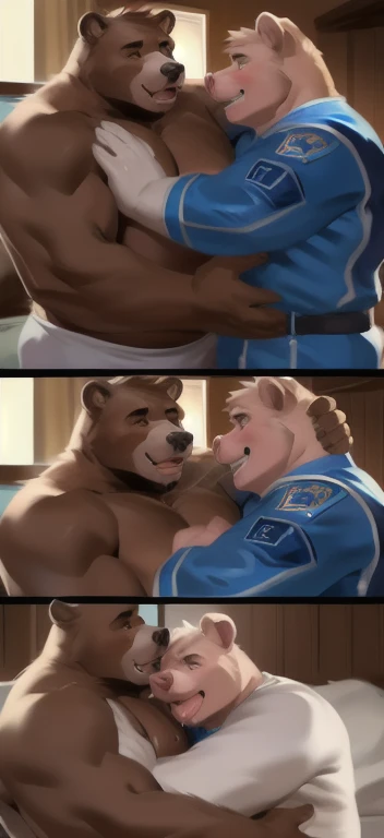 duo male, bear, chubby, brown, standing, by bigcozyorca, by goonie-san, by bebebebebe, by spikedmauler, facing viewer, canine,, open mouth, detailed mouth, tongue hanging out, drooling, smirking, naked, fucking, railing ass, penis to hole