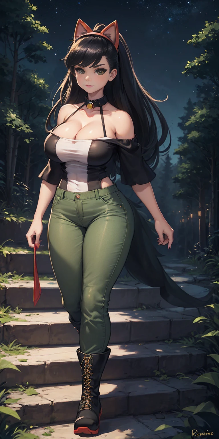 masterpiece, best quality, roxanne, dog ears, black hairband, collar, off-shoulder shirt, cleavage, green vest, green pants, large breasts, walking, stairs, forest, night sky, boots