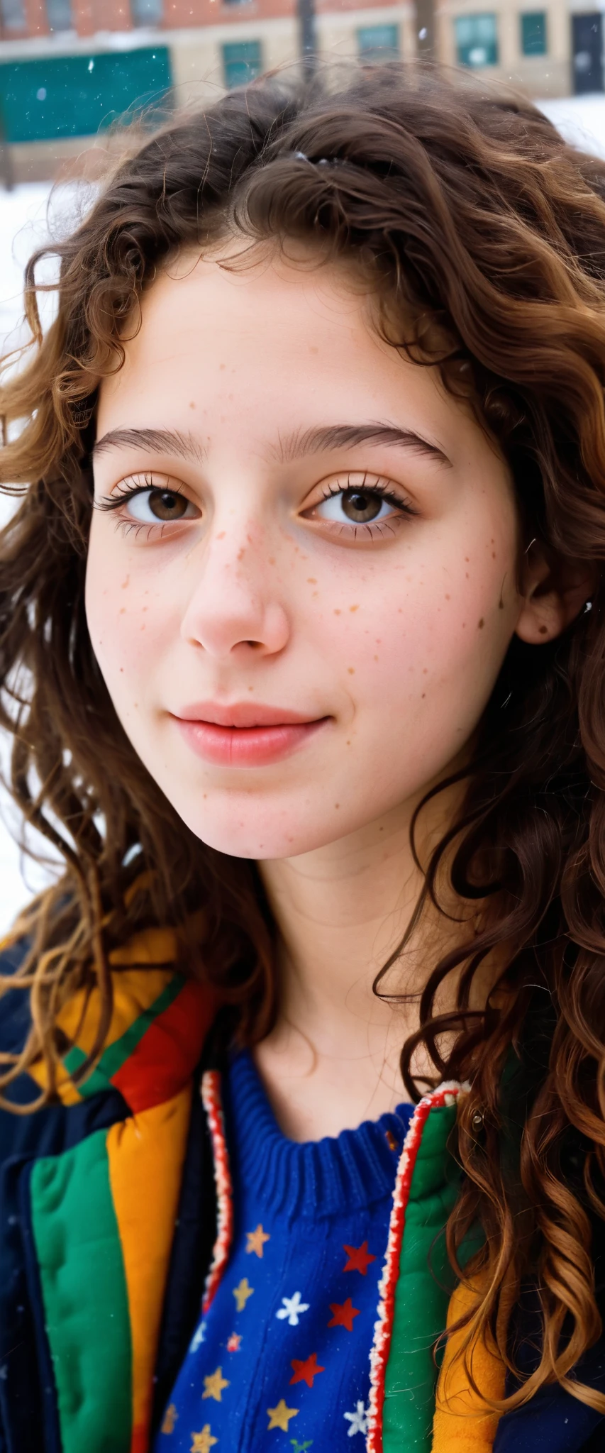 (indistinguishable from reality:1.4), 1girl, selfie, An half portrait of a beautiful 25 y.o New York Italian college student, (detailed facial features), (freckles:0.2), (acne:0.1), long thick luxurious curly hair, beautiful Jewish nose, shy smile, walking on University campus, winter, snowfall, ultra detailed texture winter coat, bright primary colors, Nikon FM2, 35mm SLR