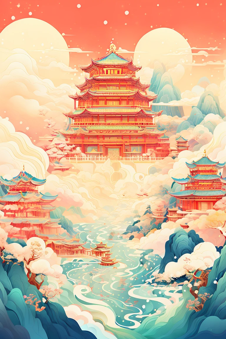 (snowing:1.2),  similar to kemono, Exquisite lines ,historic building,plan   similar to kemono,  Minimalism ,((ink s ...)), tree ,no human, selection mark ,architecture,landscape, cloud,water,sky,watercraft, outdoor,waterfall,pagoda,boat,building,,mountain,Rio,rich details,wooden boat,white sky,dark  clouds,( snow covering the house :1.2),it is snowing heavily, Snow Maior ,