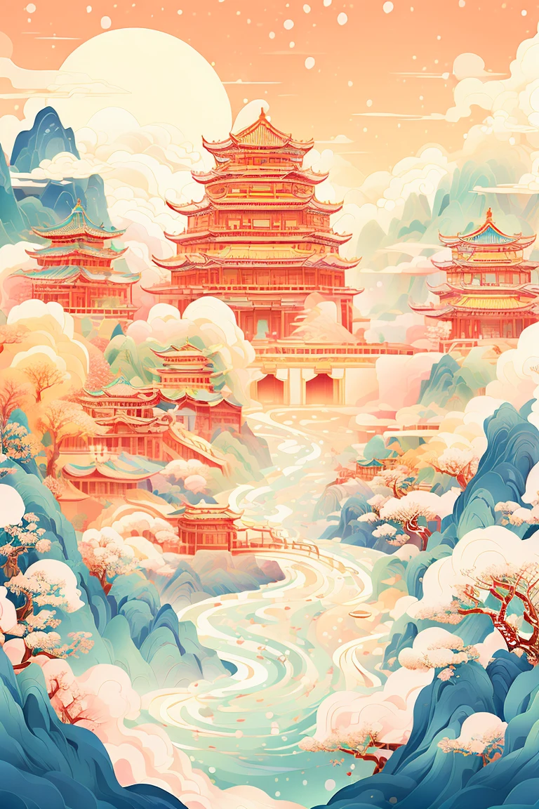 (snowing:1.2),  similar to kemono, Exquisite lines ,historic building,plan   similar to kemono,  Minimalism ,((ink s ...)), tree ,no human, selection mark ,architecture,landscape, cloud,water,sky,watercraft, outdoor,waterfall,pagoda,boat,building,,mountain,Rio,rich details,wooden boat,white sky,dark  clouds,( snow covering the house :1.2),it is snowing heavily, Snow Maior ,