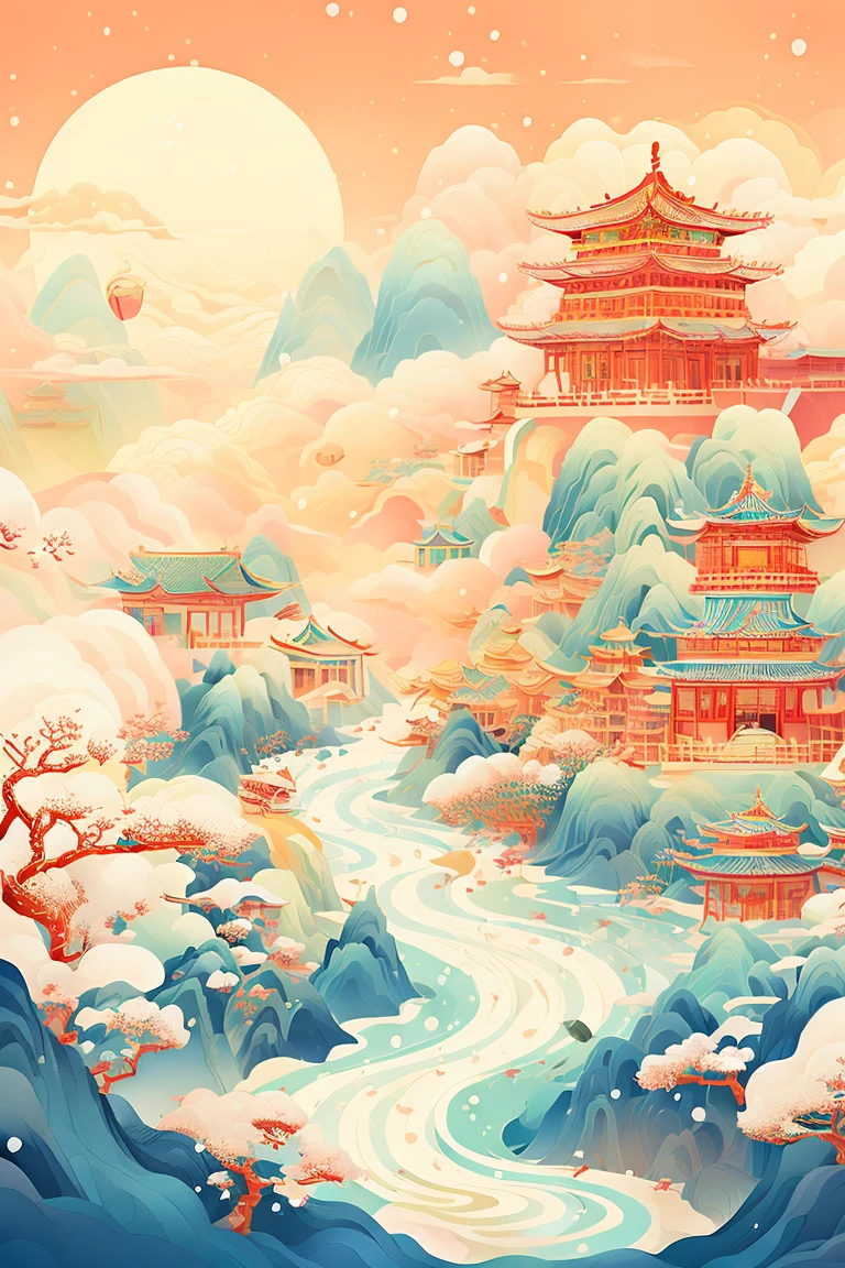 (snowing:1.2),  similar to kemono, Exquisite lines ,historic building,plan   similar to kemono,  Minimalism ,((ink s ...)), tree ,no human, selection mark ,architecture,landscape, cloud,water,sky,watercraft, outdoor,waterfall,pagoda,boat,building,,mountain,Rio,rich details,wooden boat,white sky,dark  clouds,( snow covering the house :1.2),it is snowing heavily, Snow Maior ,