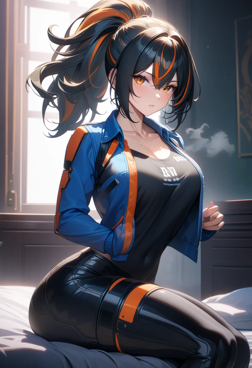 masterpiece,best quality,high resolution,8k,ultra HD,wallpaper,illustration,perfect face,cowboy shot,beautiful detailed eyes,extremely detailed face,perfect lighting,extremely detailed CG,perfect anatomy,perfect body,perfect hands,perfect fingers,1woman,full body,,muscle fighter body,(black long ponytail hair with orange mesh lines hair:1.2),orange eyes,large breasts,Medium ass,, (blue open jacket),black short hot pants,,clothed,,collarbone,,looking at viewer,(),Steam,sweat, on the bed,(Zenless Zone Zero character Zhu Yuan),adult,