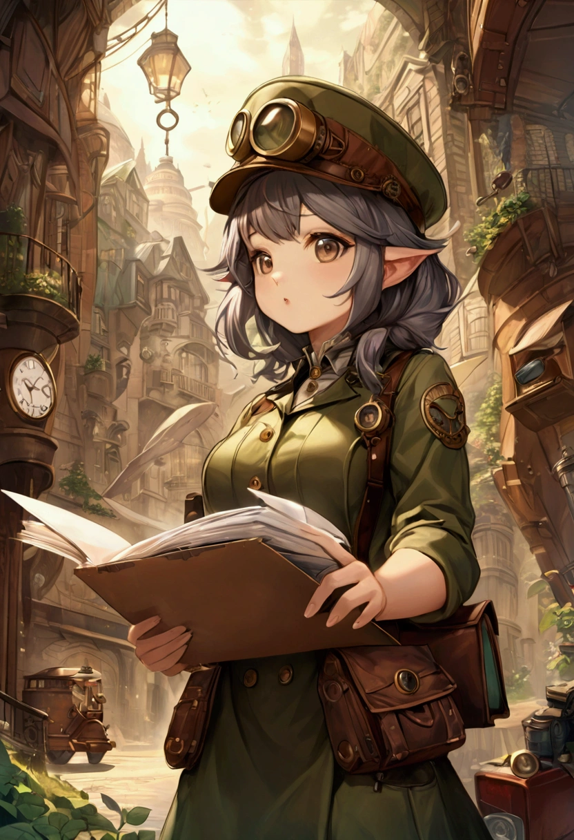 A cute goat girl who delivers mail, you're not allowed to eat the letters, she's wearing a postal worker's uniform that combines clockpunk, dieselpunk and steampunk, This is cute fantasy art that looks like a fairy tale picture book, ultra detailed, absolutely resolution, masterpiece