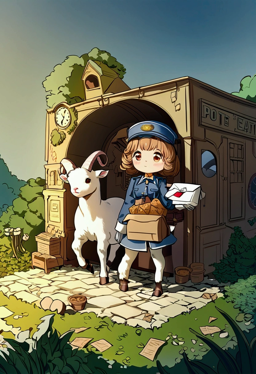 A cute goat girl who delivers mail, you're not allowed to eat the letters, she's wearing a postal worker's uniform that combines clockpunk, dieselpunk and steampunk, This is cute fantasy art that looks like a fairy tale picture book, ultra detailed, absolutely resolution, masterpiece