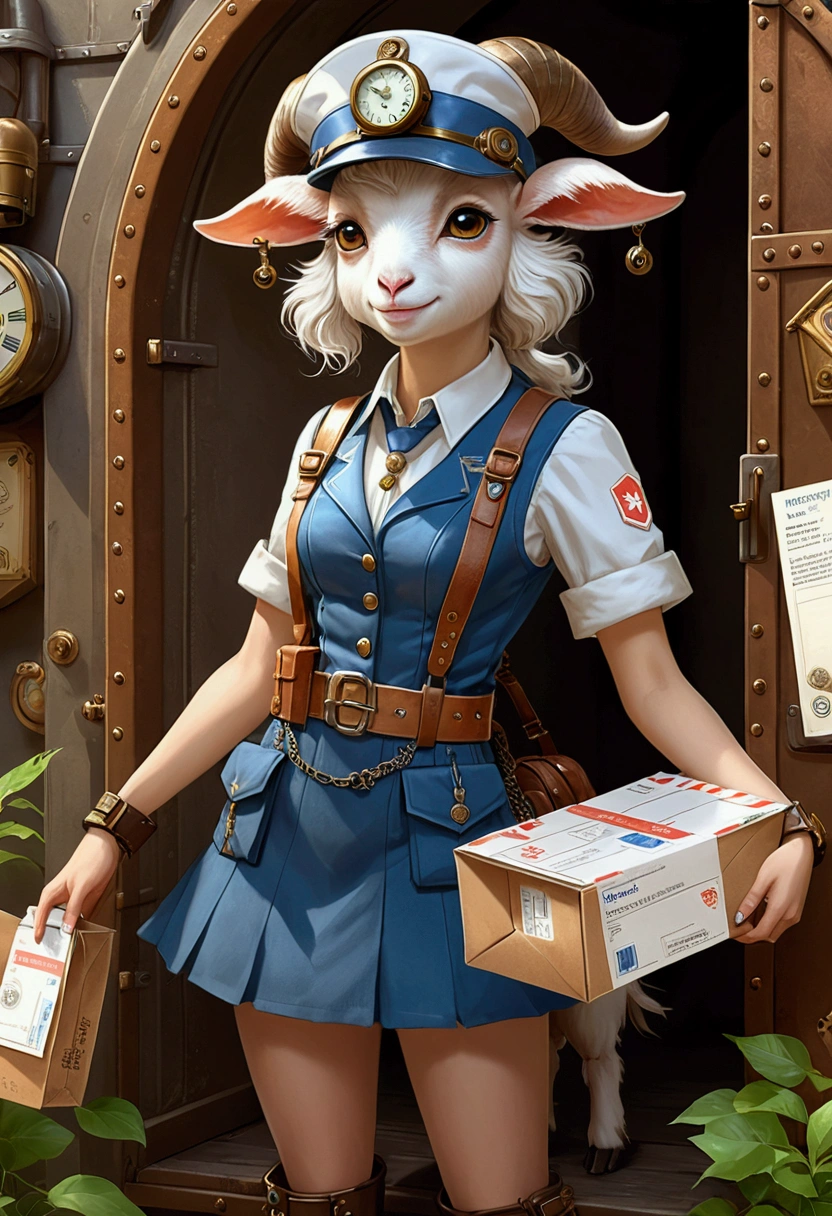 A cute goat girl who delivers mail, you're not allowed to eat the letters, she's wearing a postal worker's uniform that combines clockpunk, dieselpunk and steampunk, This is cute fantasy art that looks like a fairy tale picture book, ultra detailed, absolutely resolution, masterpiece