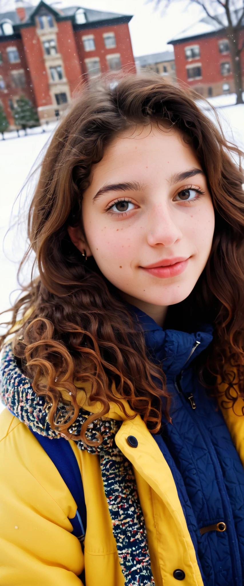 (indistinguishable from reality:1.4), 1girl, selfie, An half portrait of a beautiful 25 y.o New York Italian college student, (detailed facial features), (freckles:0.2), (acne:0.1), long thick luxurious curly hair, beautiful Jewish nose, shy smile, walking on University campus, winter, snowfall, ultra detailed texture winter coat, bright primary colors, Nikon FM2, 35mm SLR